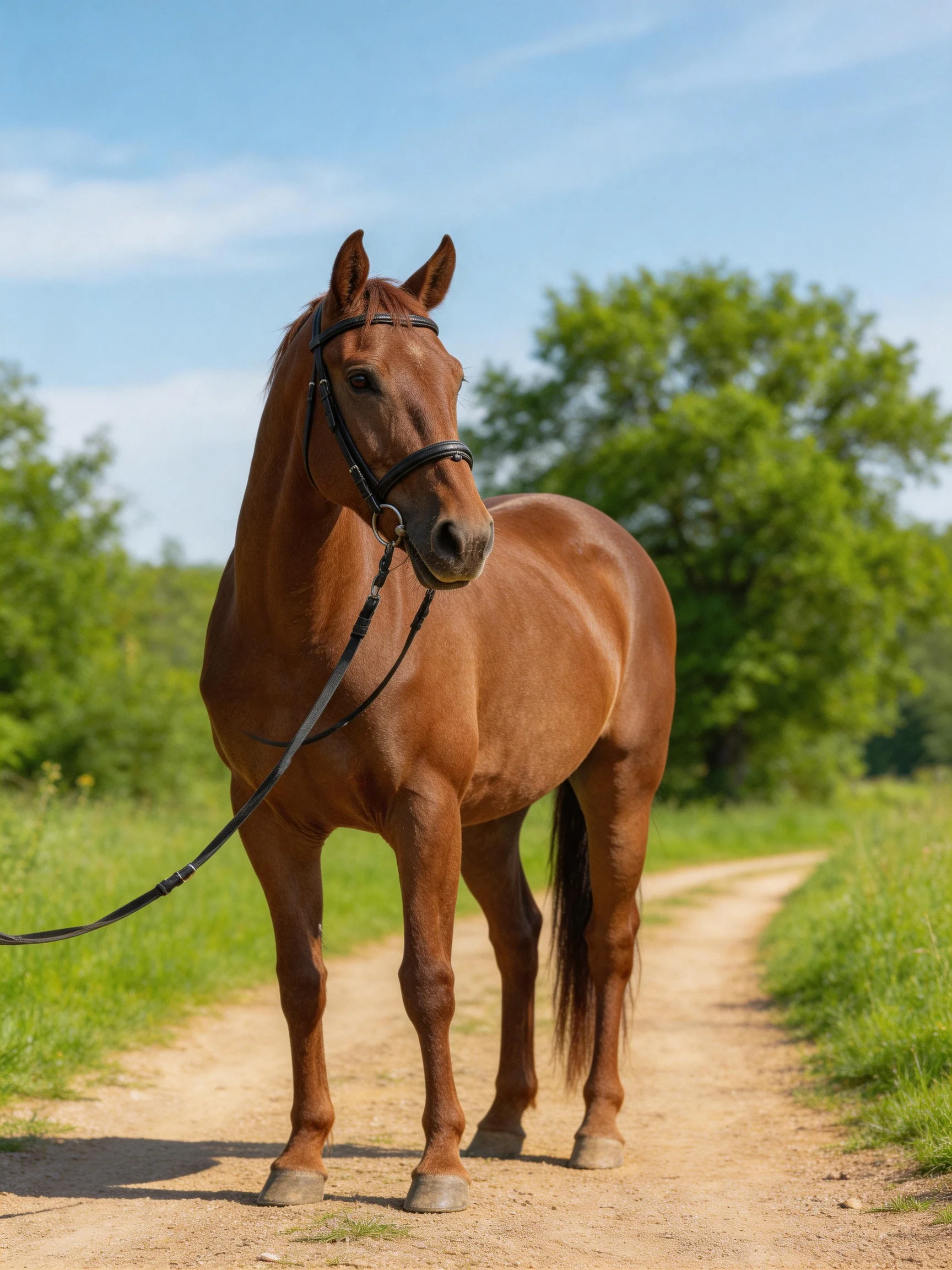 A chestnut horse stands on a dirt path near green trees
