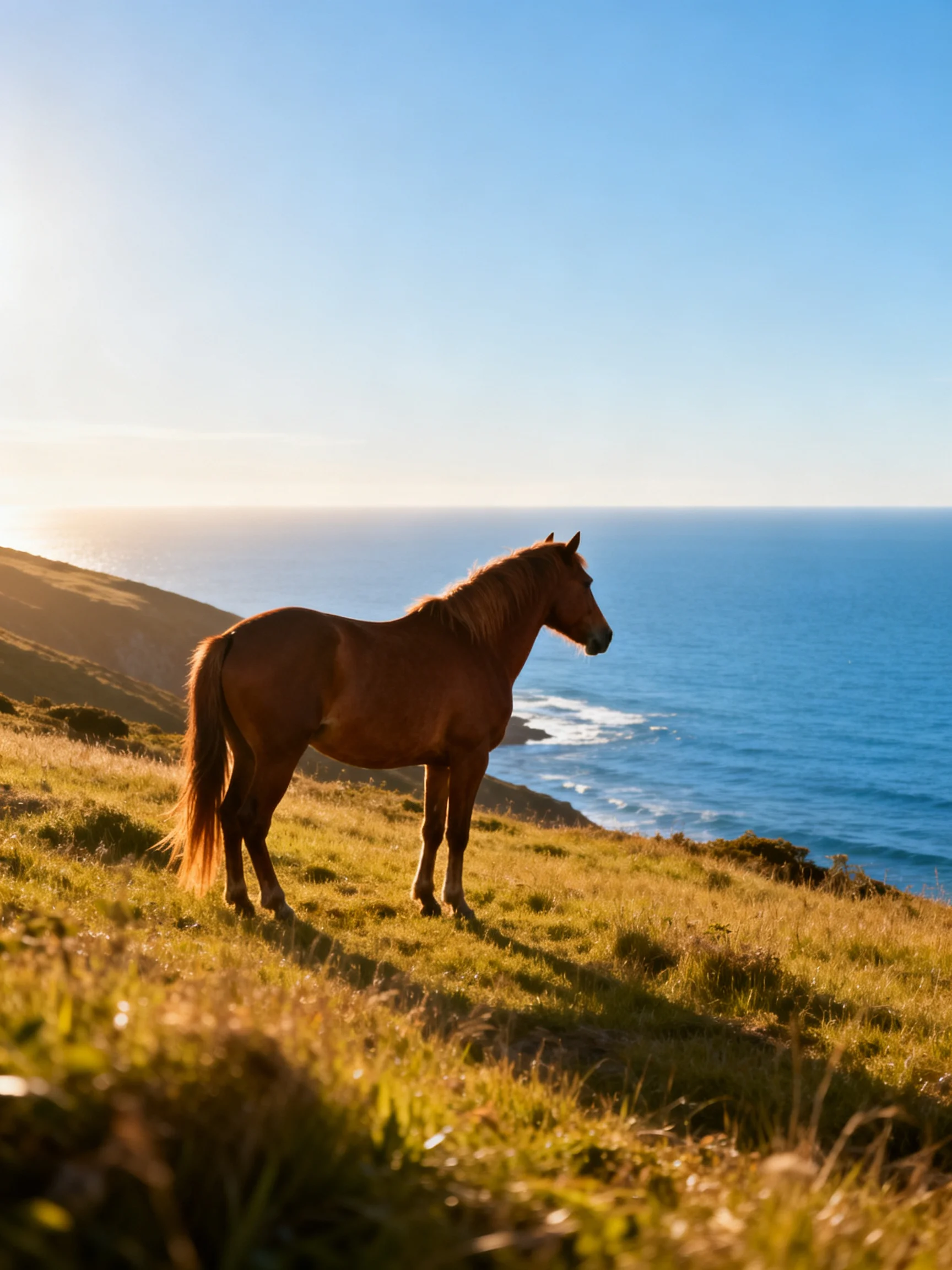 A single chestnut horse stands on a grassy hillside with a view of the blue ocean.