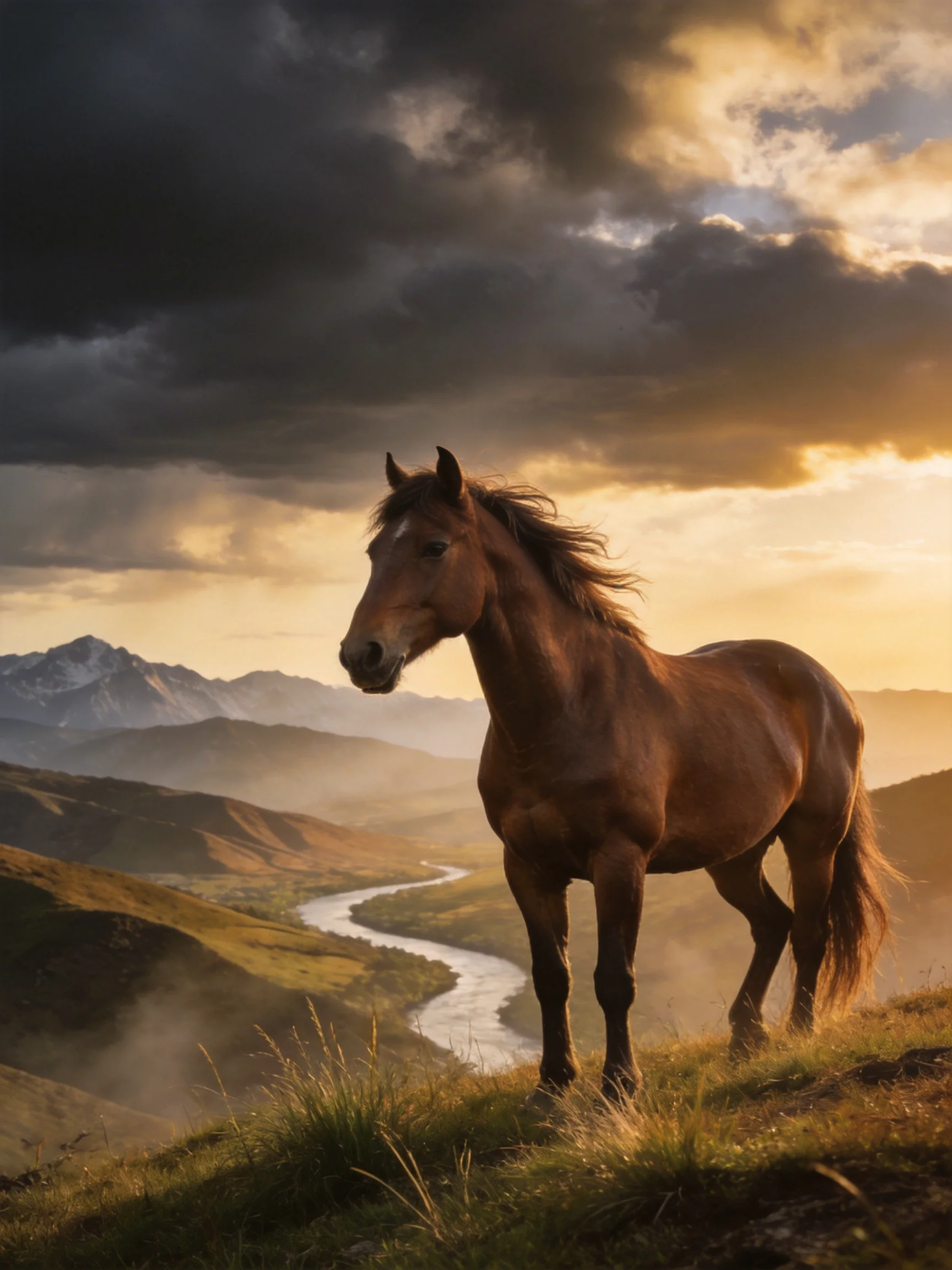 A chestnut horse stands on a grassy hillside beside a winding river and mountains