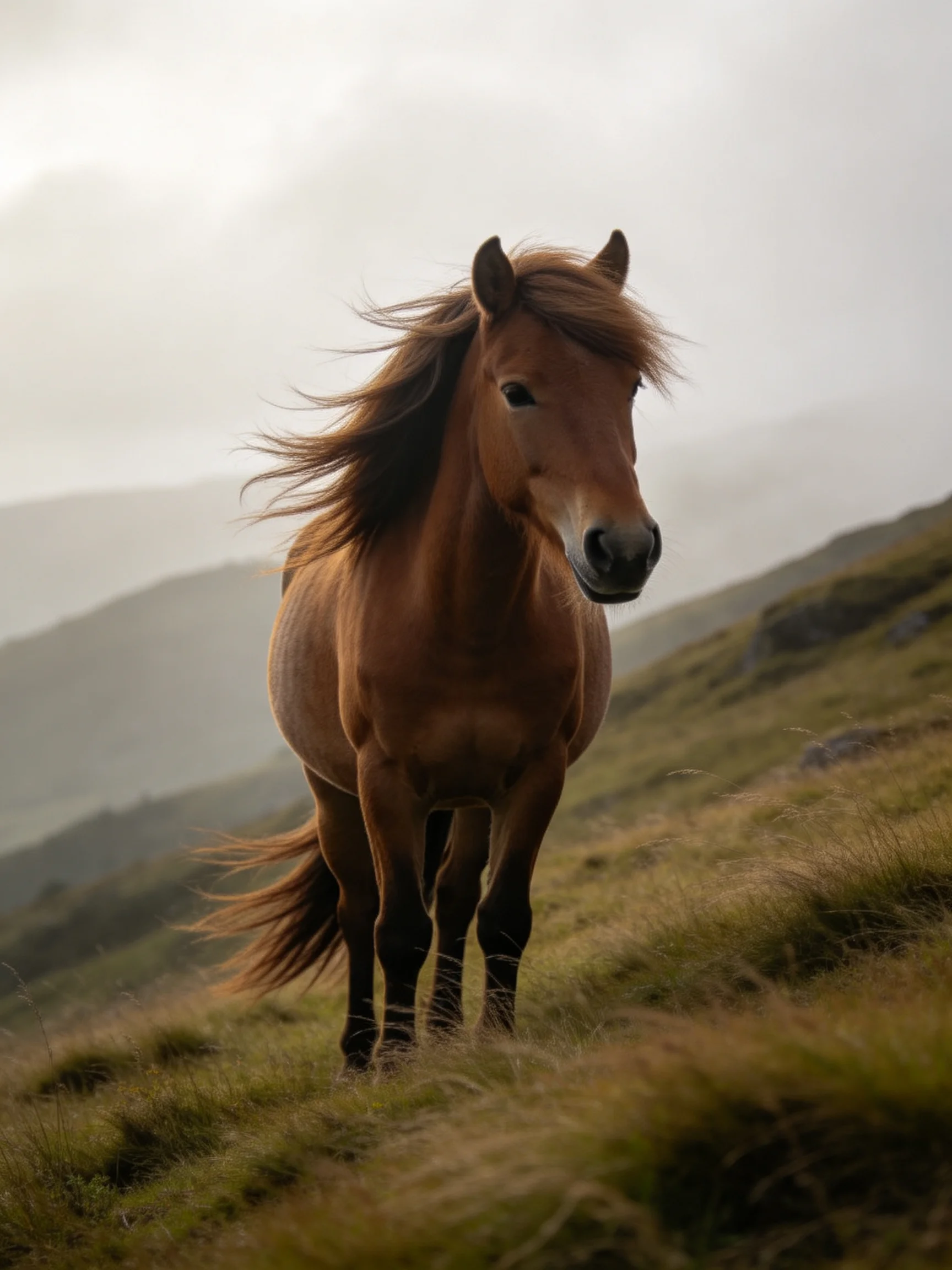 A chestnut horse stands on a grassy hill with misty mountains in the background.