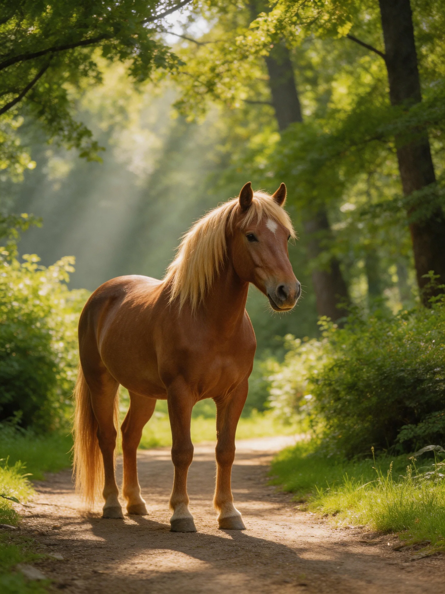 A chestnut horse stands on a sun-dappled forest path