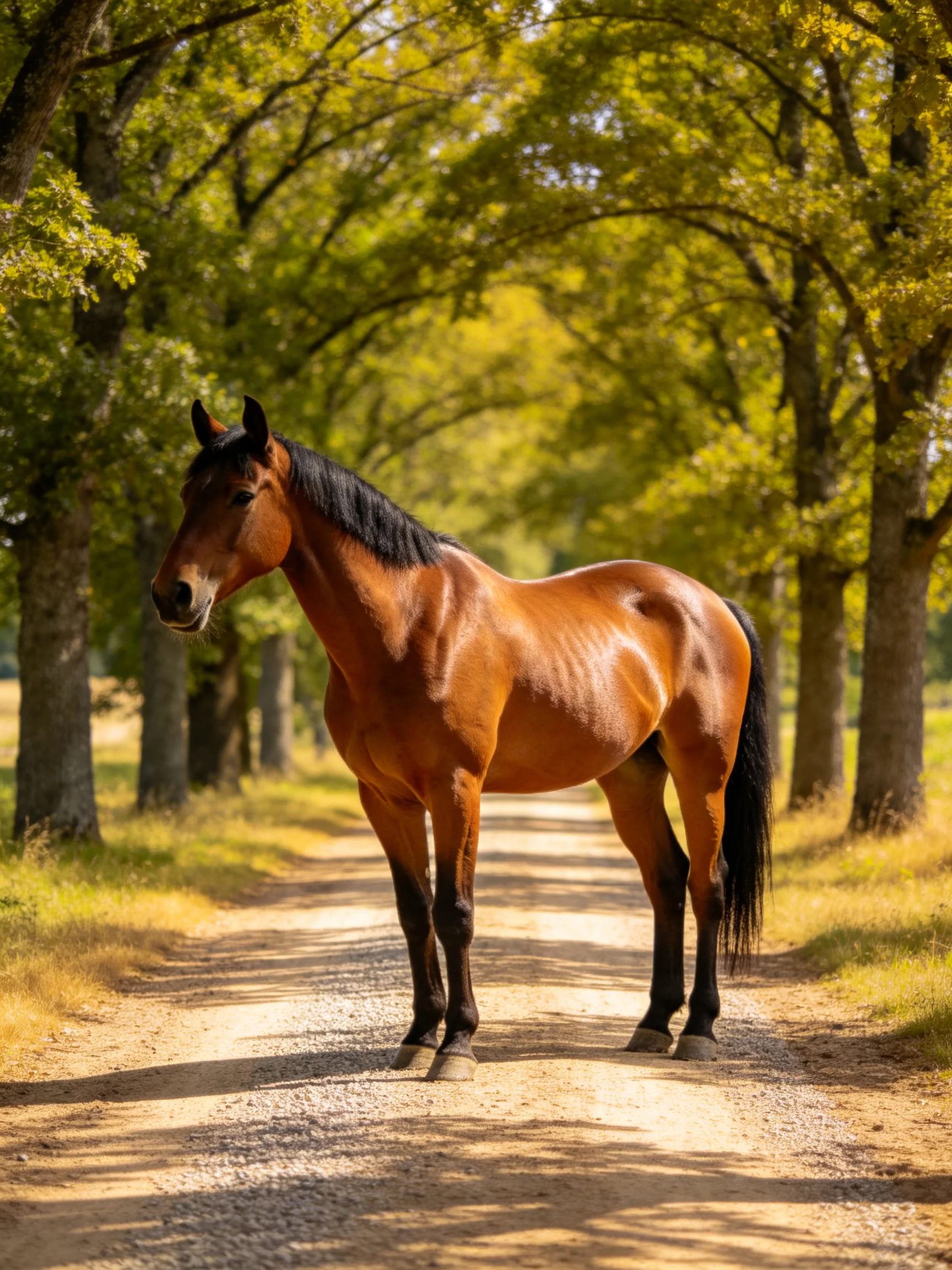 A chestnut horse stands on a sun-dappled gravel path amid tall green trees