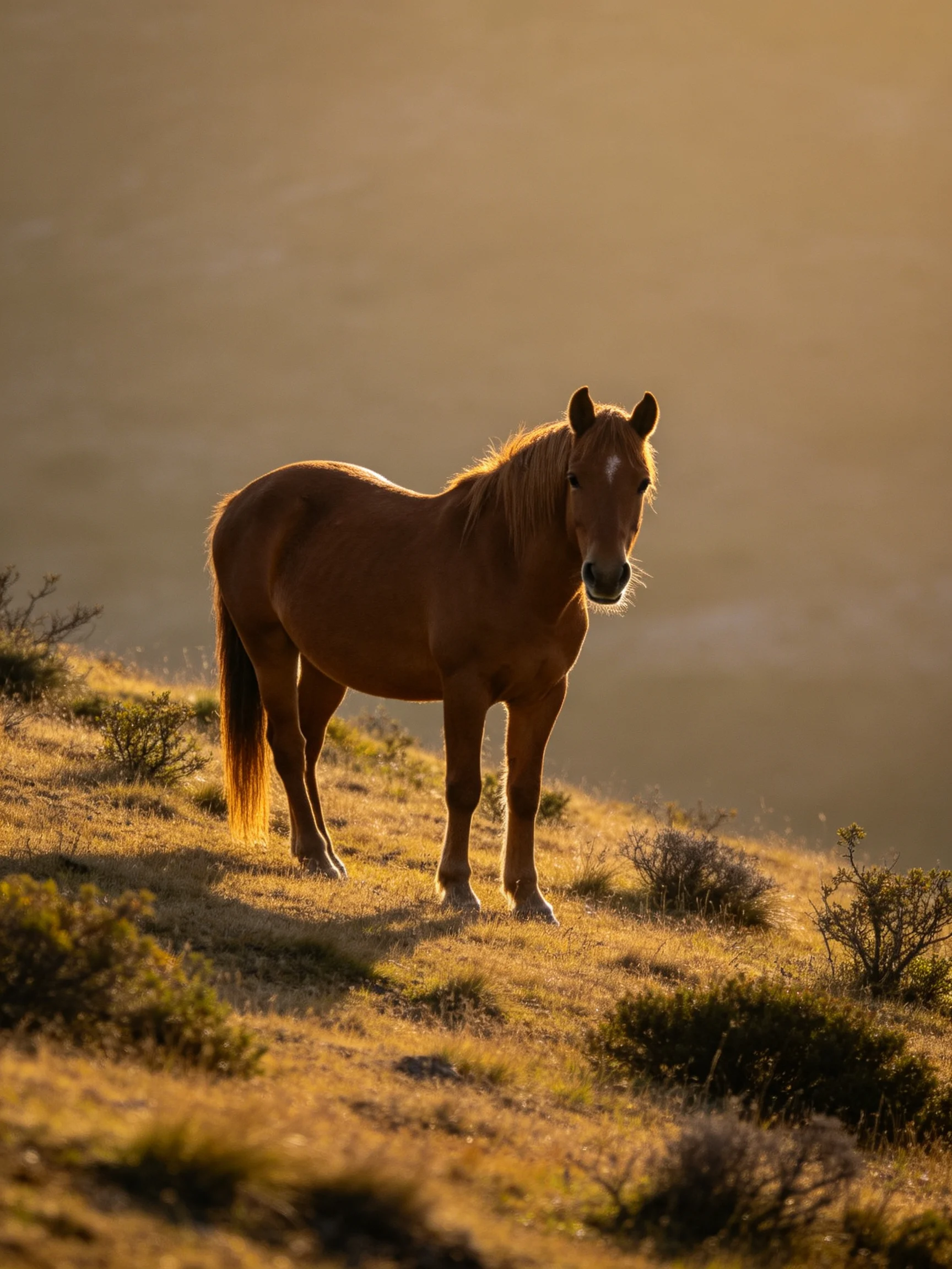 A chestnut horse stands on a sunlit hillside amid golden grasses and shrubs.