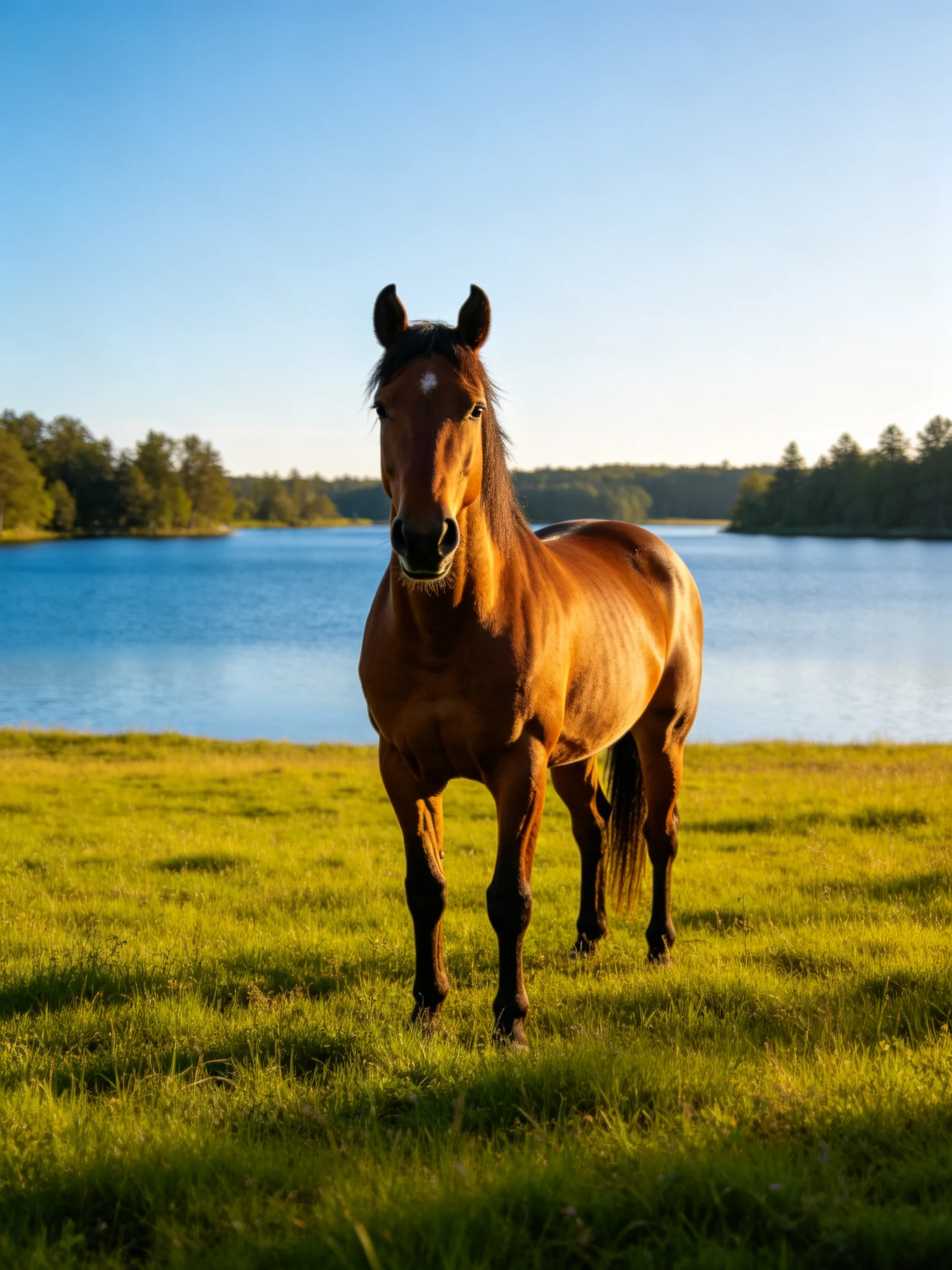 A chestnut horse stands on grass beside a serene blue lake.