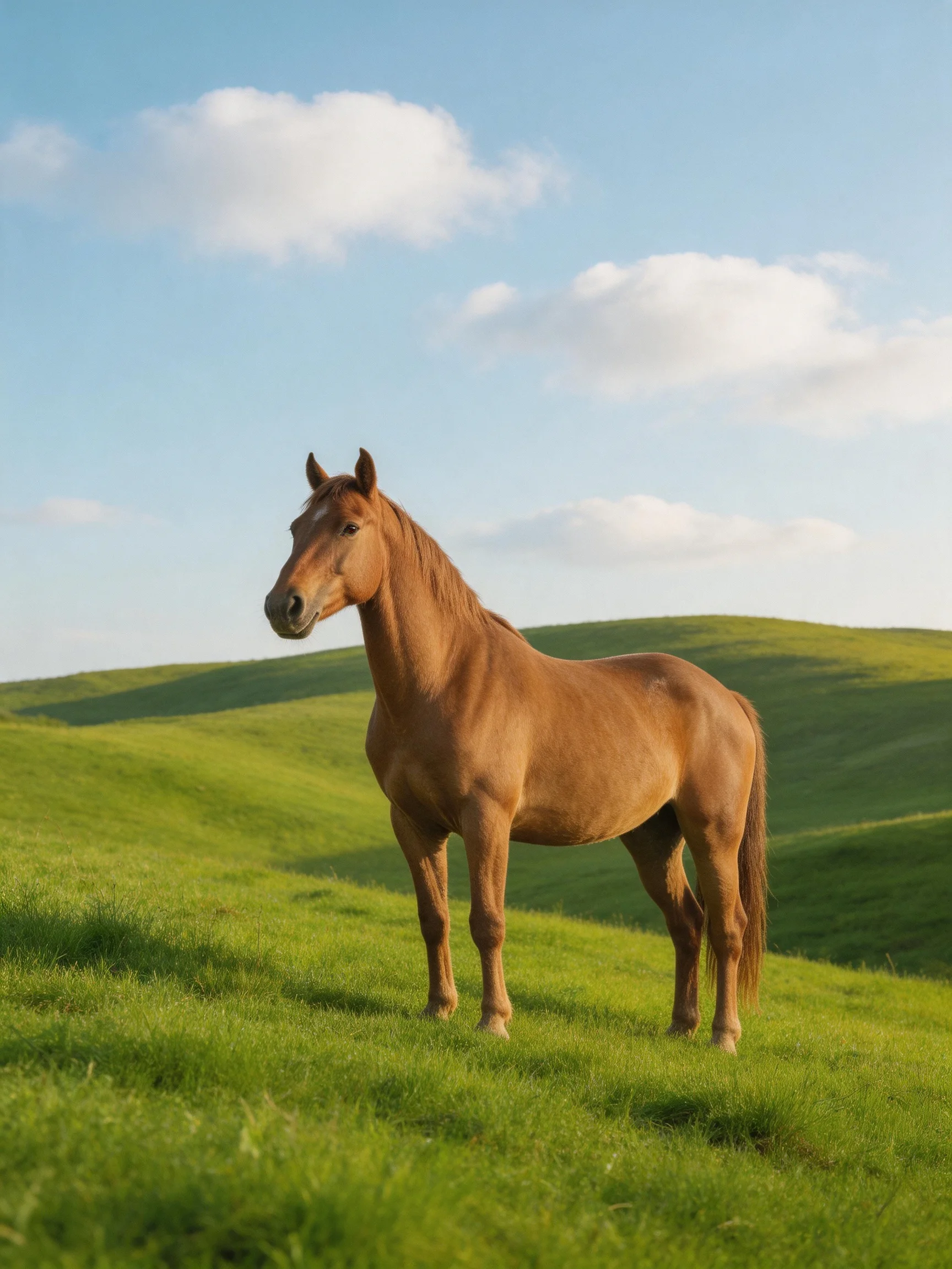 A chestnut horse stands on rolling green hills under a bright blue sky