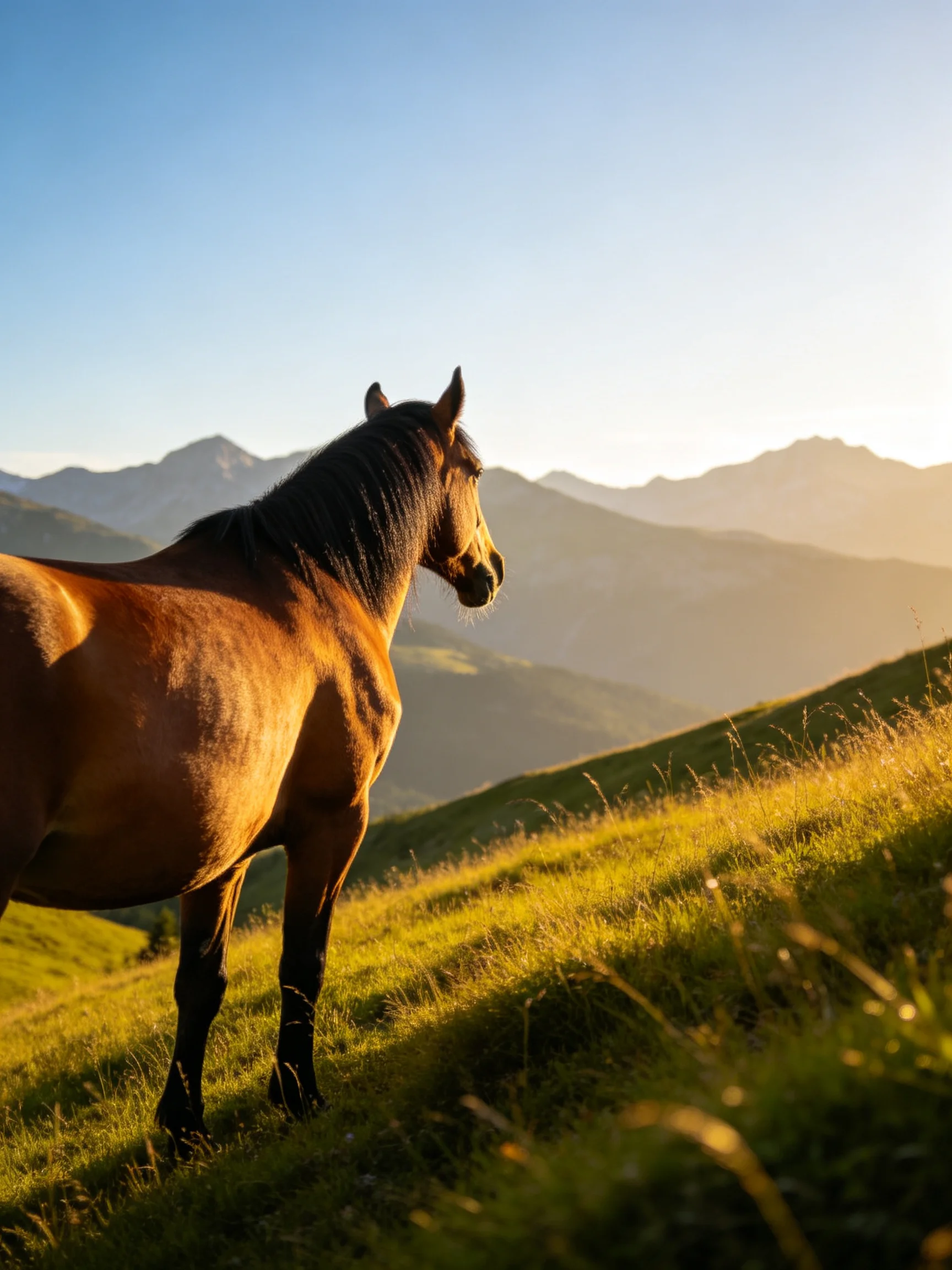 A chestnut horse stands on sunlit green hills with misty mountains in the distance.