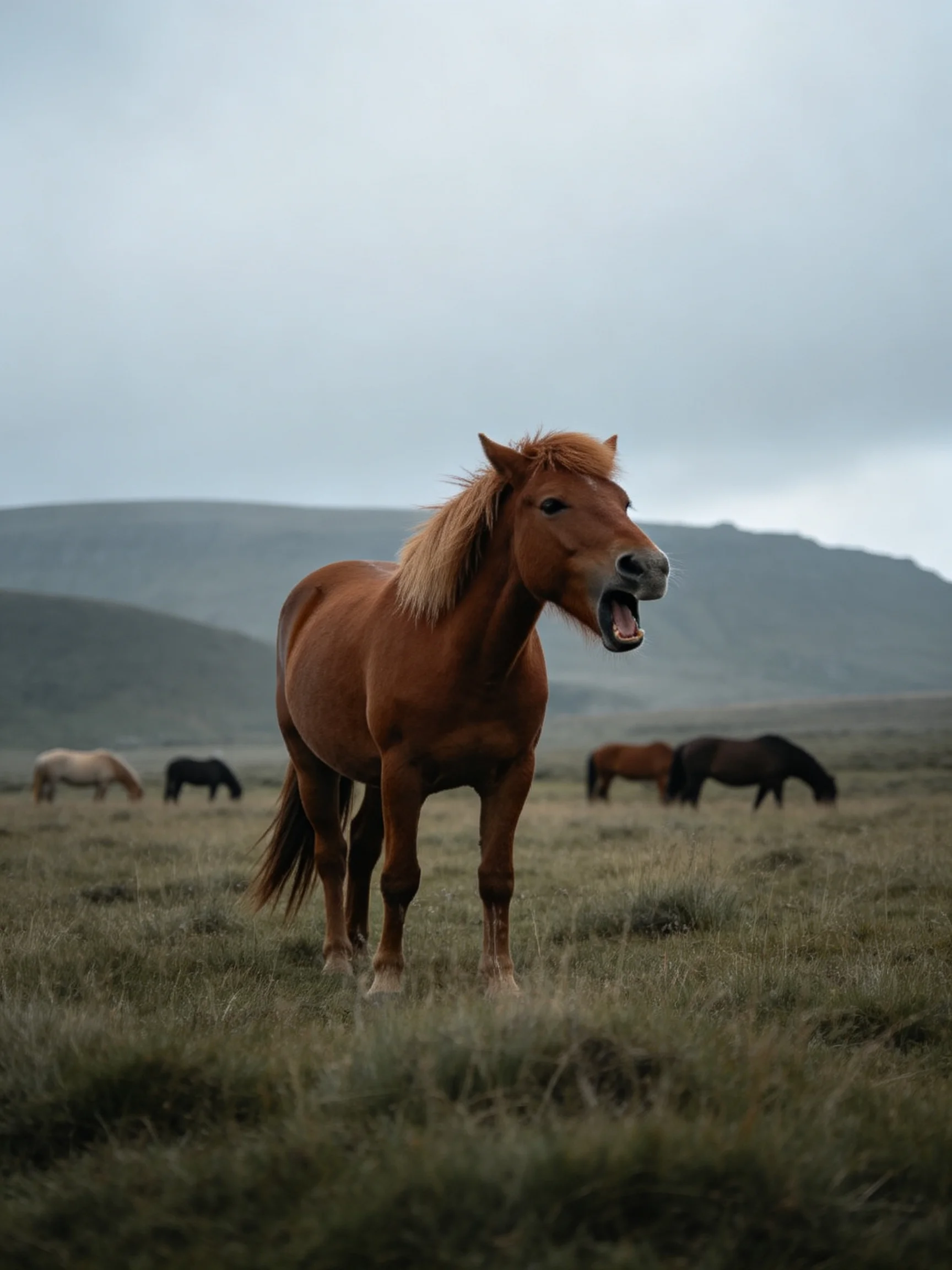 A chestnut horse stands prominently among grazing horses in an open field