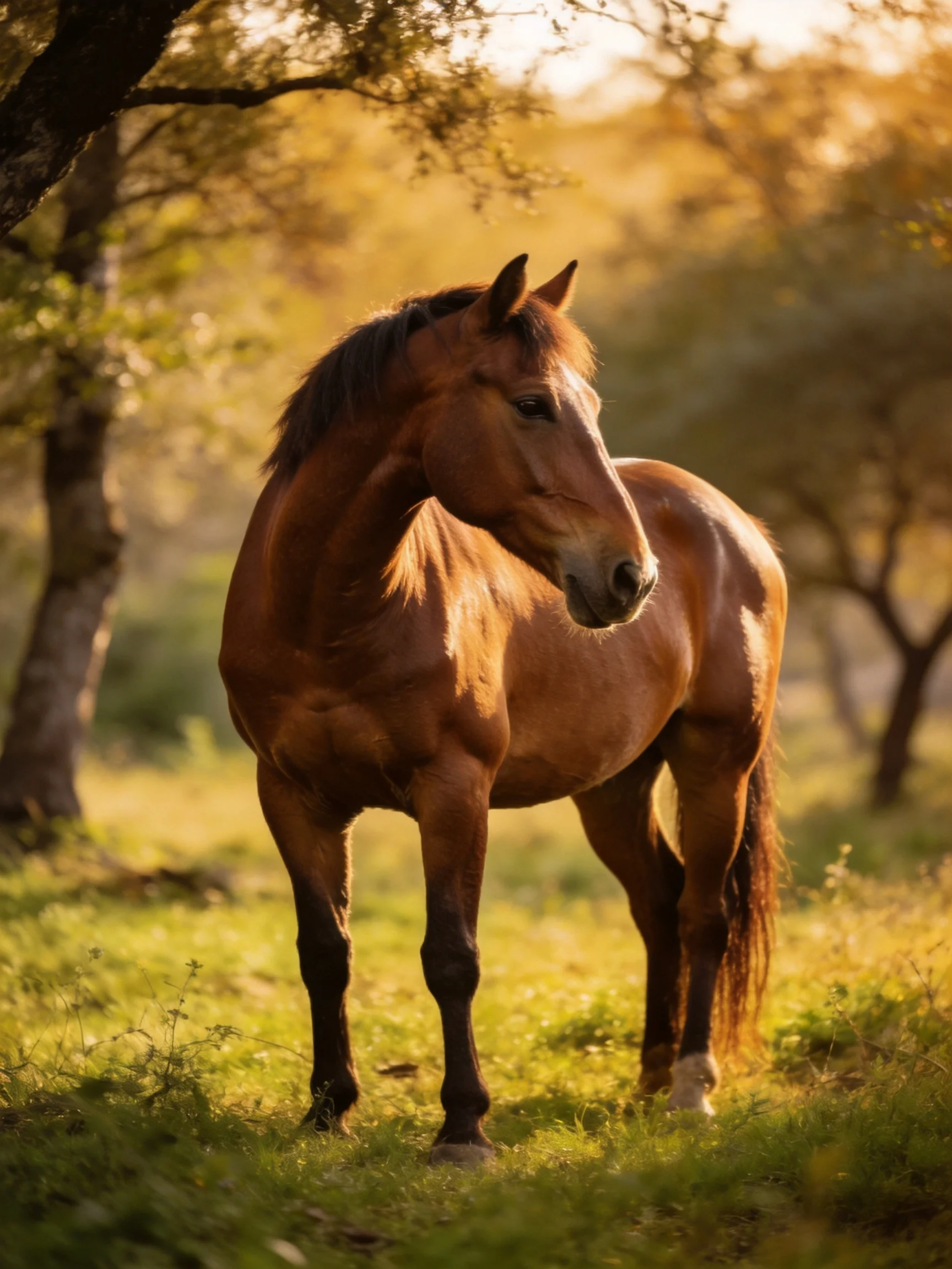 A chestnut horse stands serenely in sun-drenched woodland