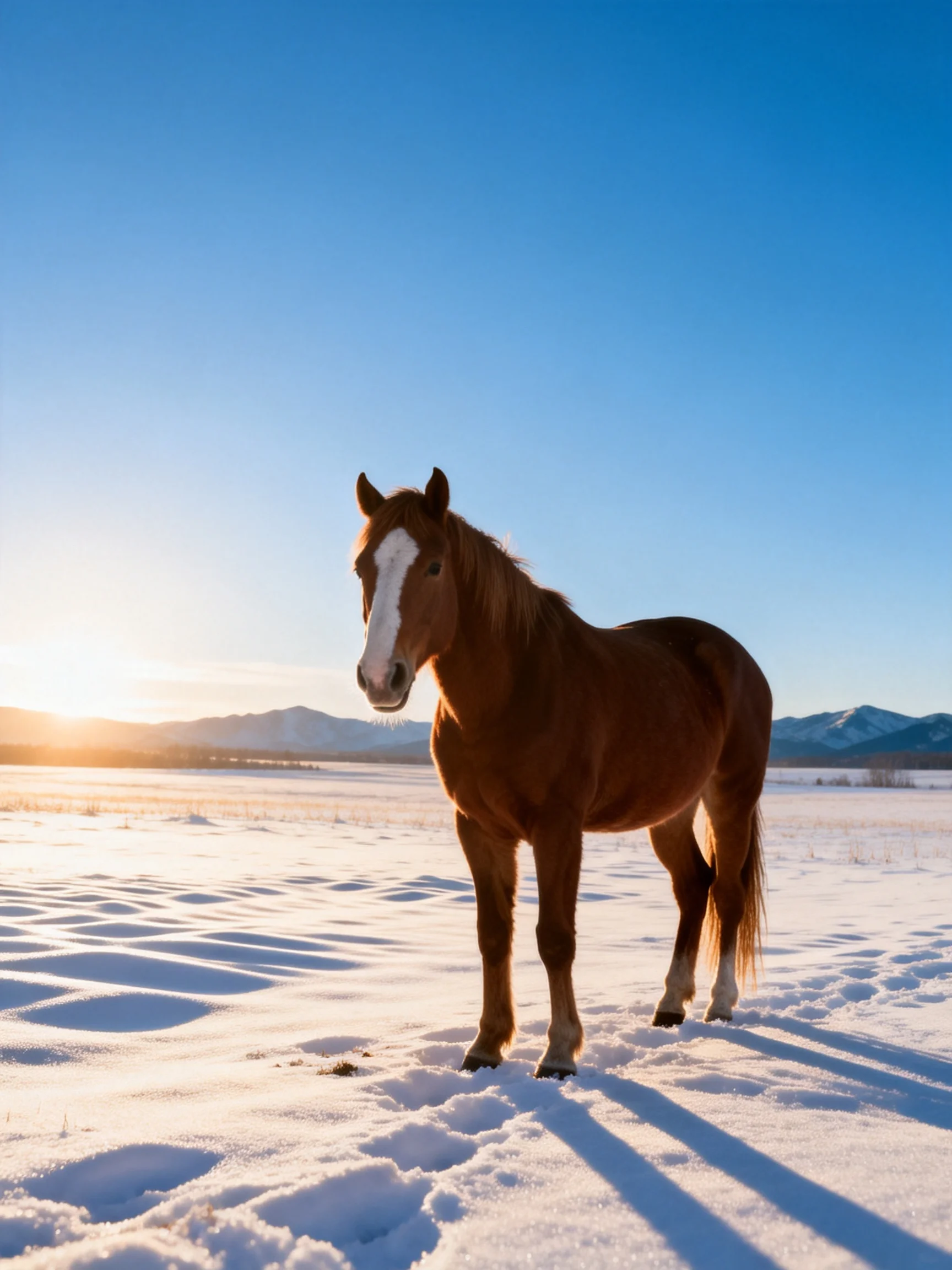 A chestnut horse standsin a snow - covered field under a clear blue sky