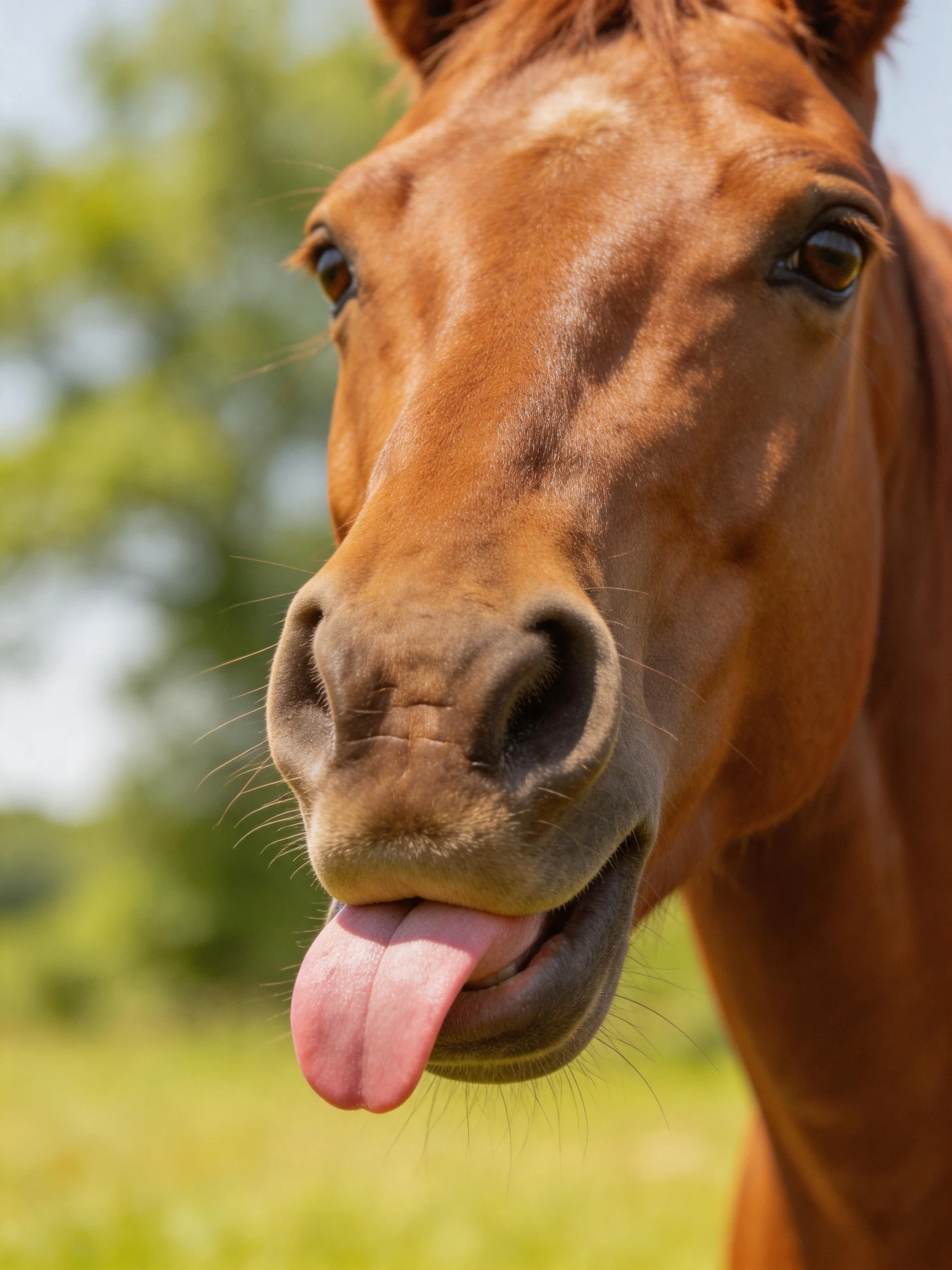 A chestnut horse sticks out its tongue in a sunny meadow