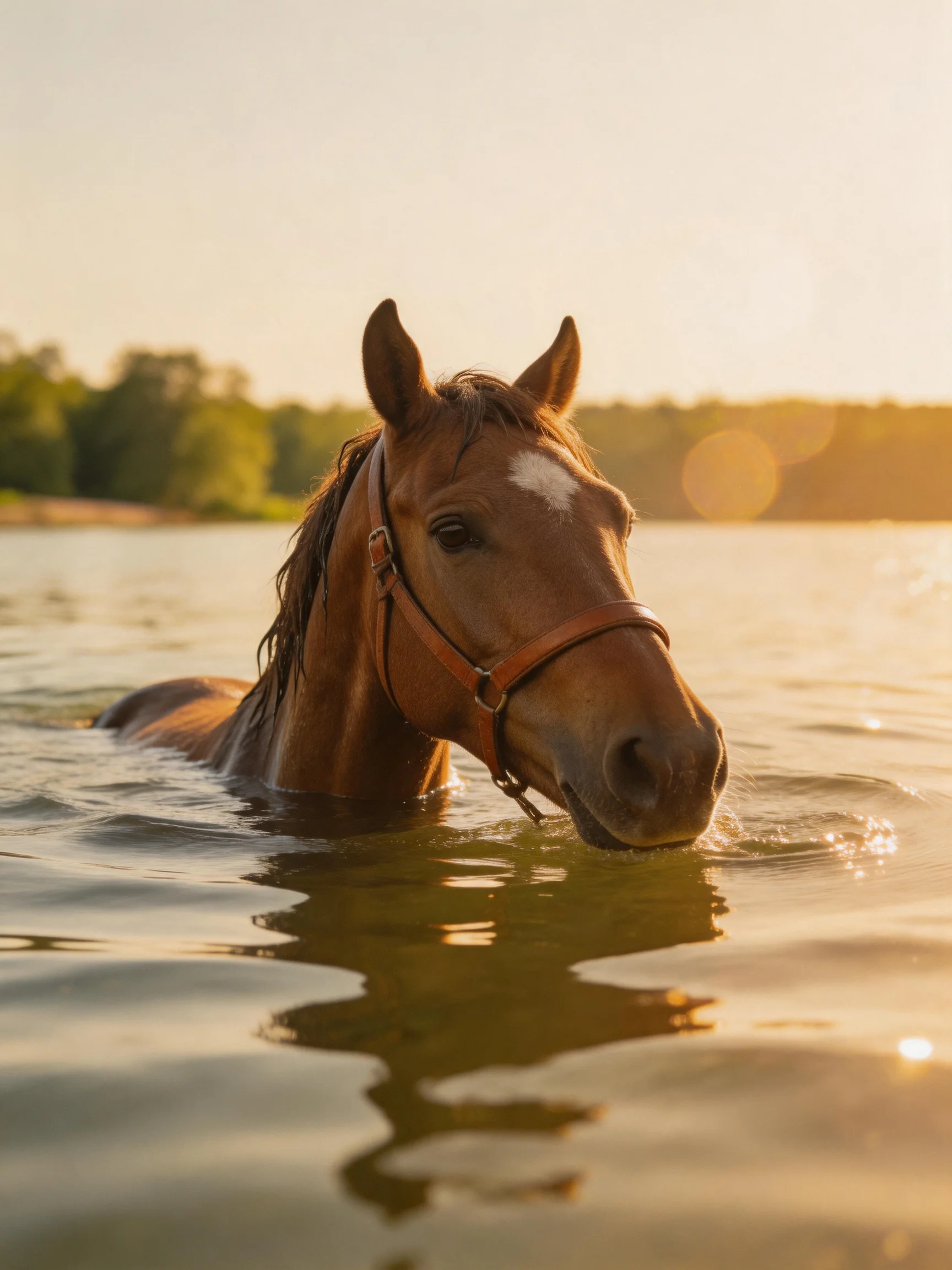 A chestnut horse swims in calm waters during golden hour