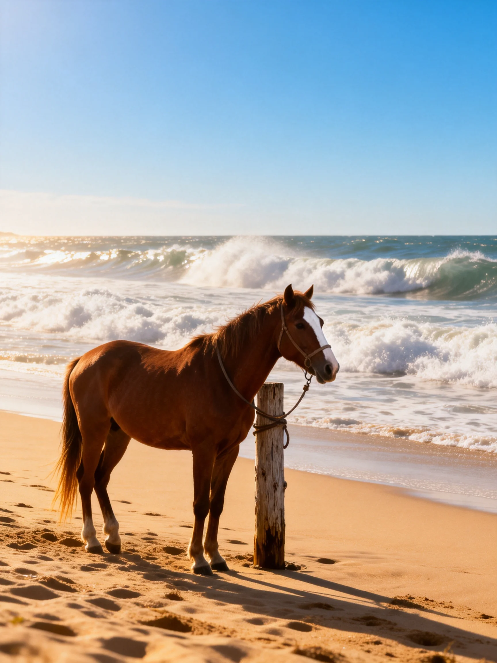 A chestnut horse tied near a wooden post by crashing ocean waves