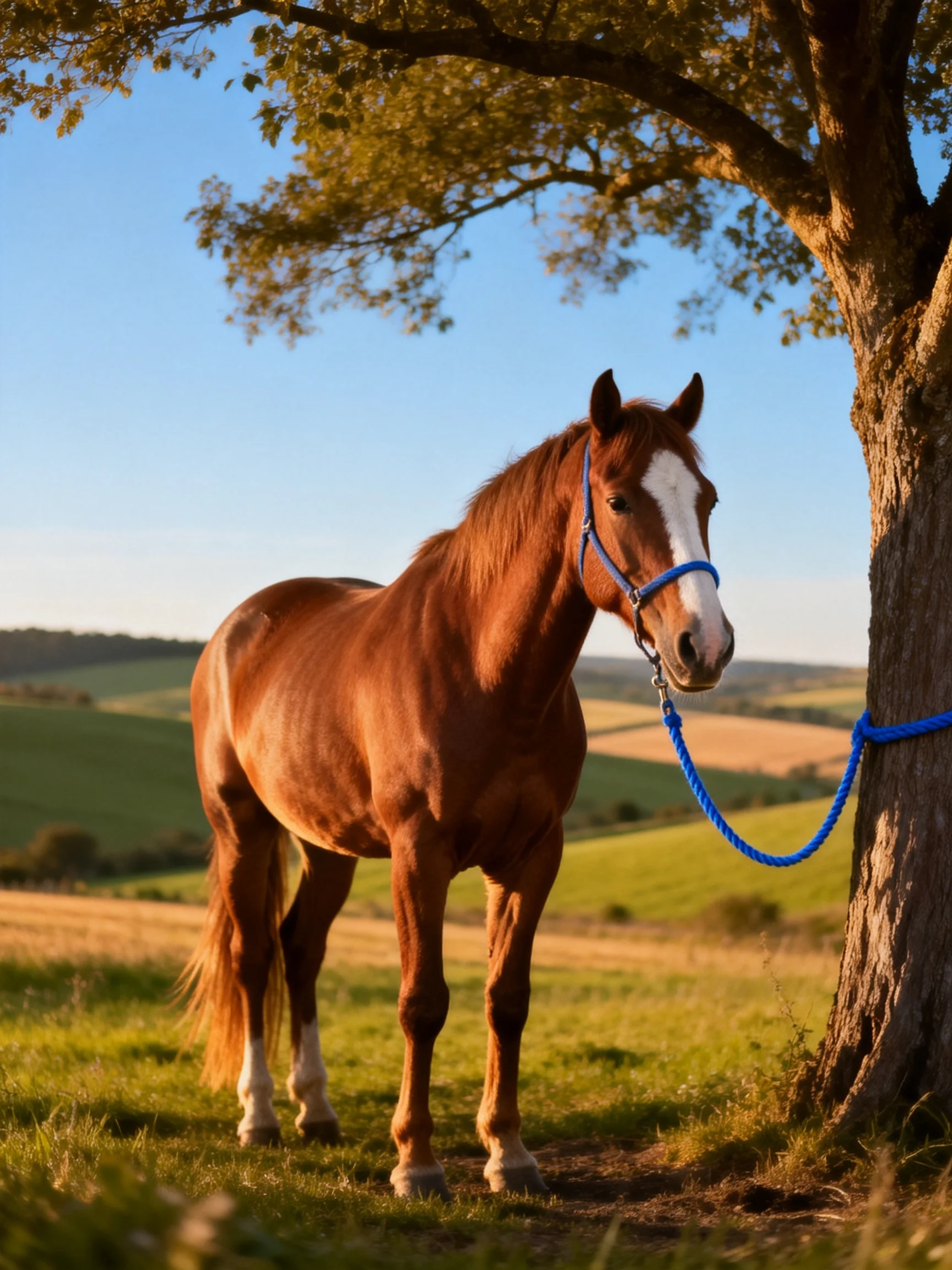 A chestnut horse tied to a large tree with a blue rope