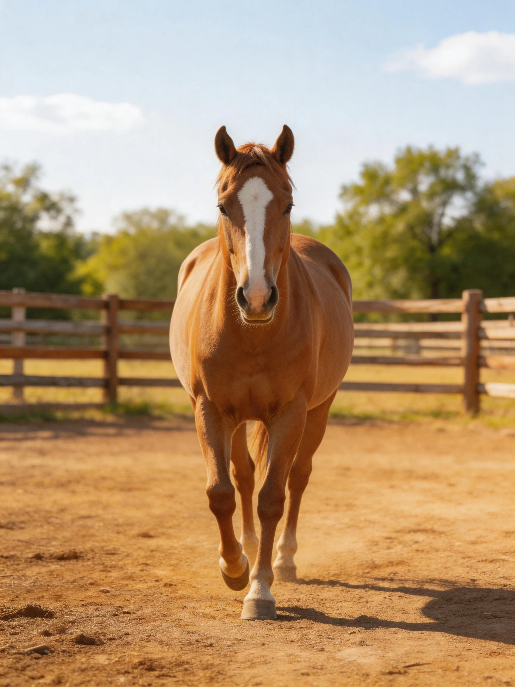 A chestnut horse trotting near a wooden fence in sunny surroundings