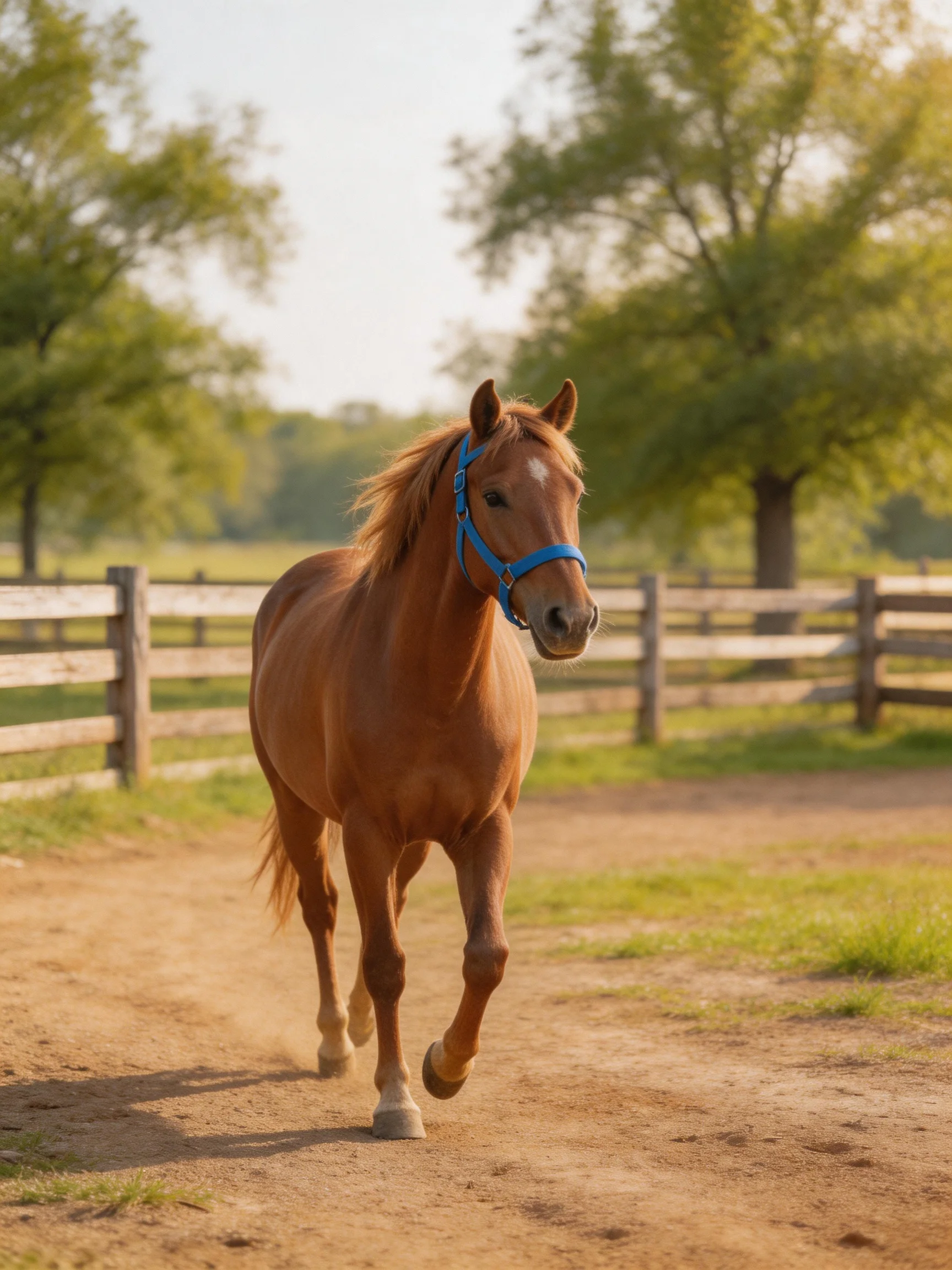 A chestnut horse trotting on a dusty path near wooden fences