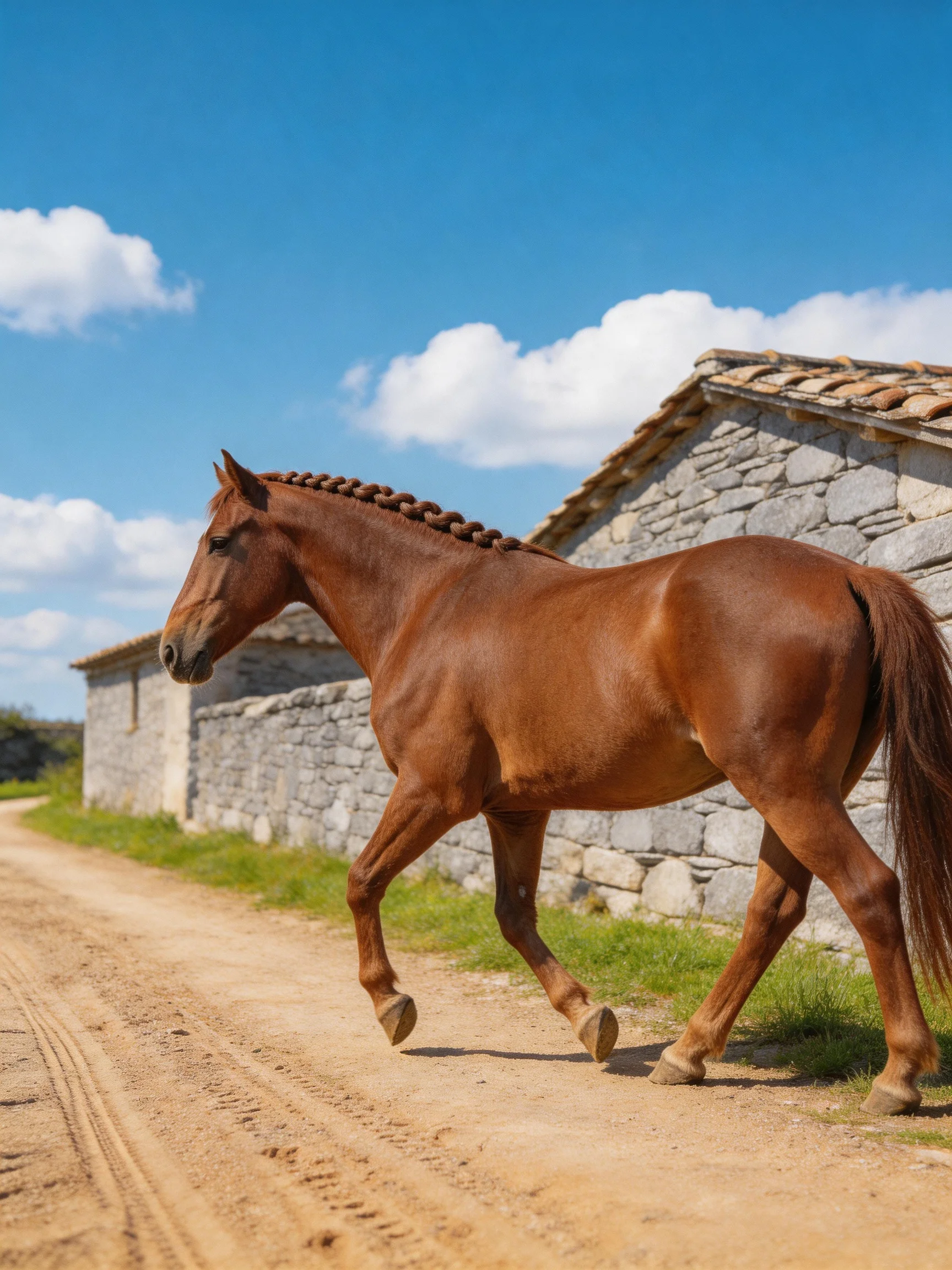 A chestnut horse trotting past stone farm structures on a sunny day