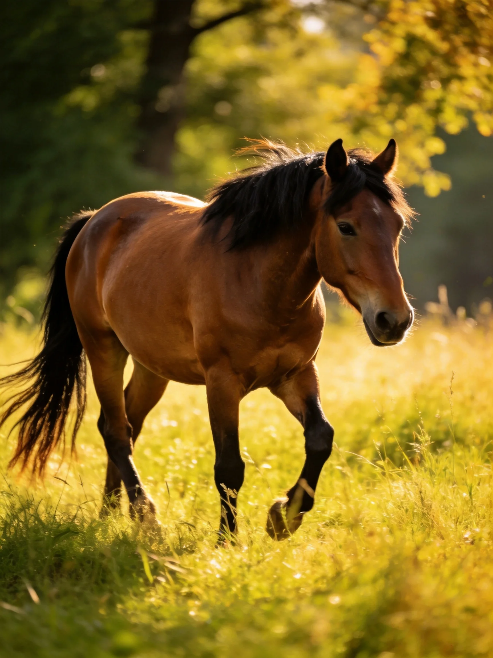 A chestnut horse trotting through a sunlit green meadow