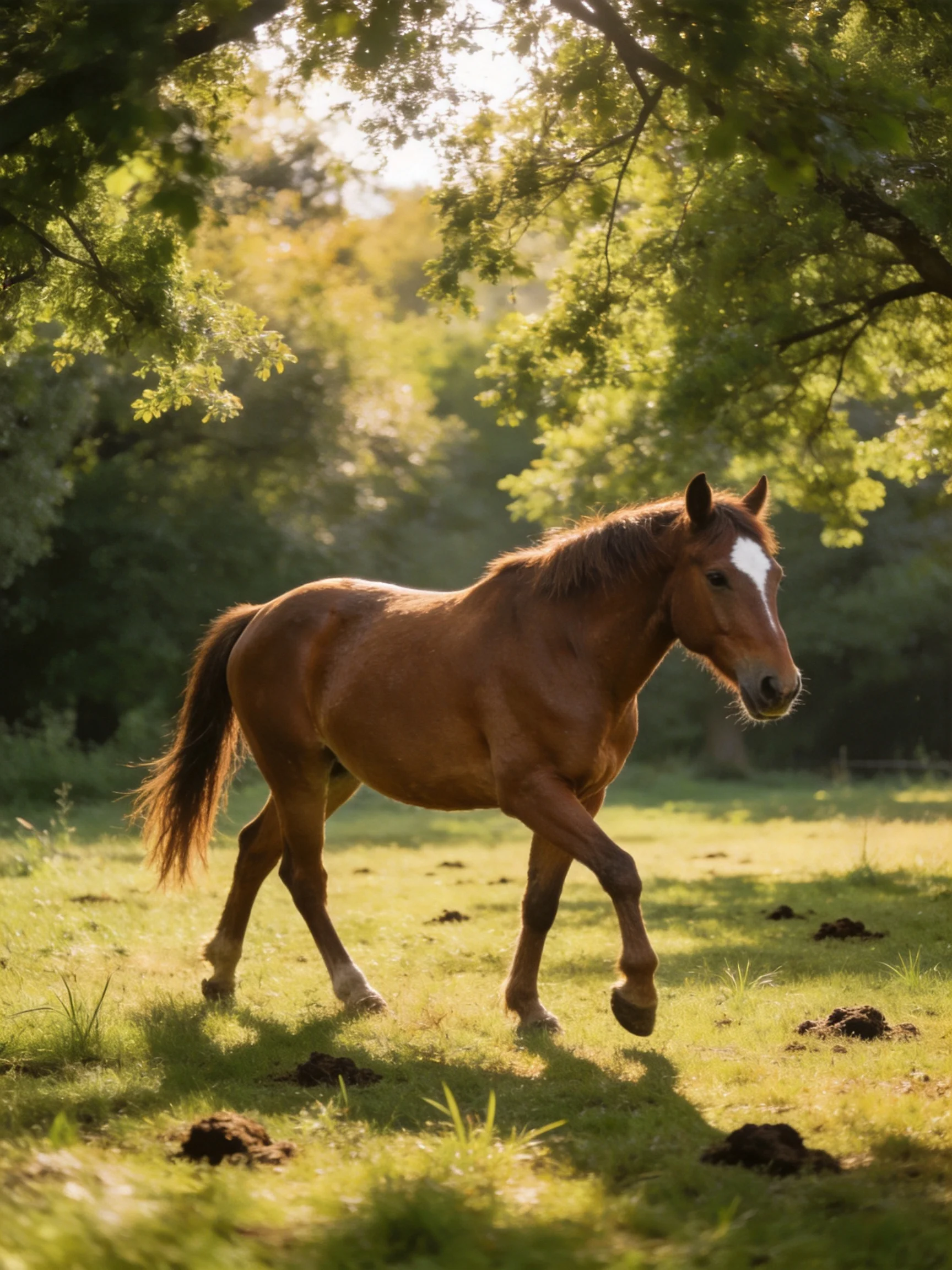 A chestnut horse trotting through a sunlit green meadow