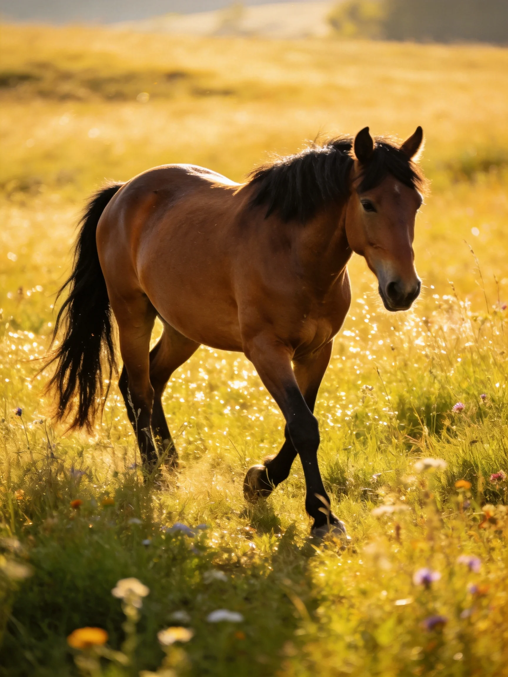 A chestnut horse trotting through a sunlit wildflower meadow