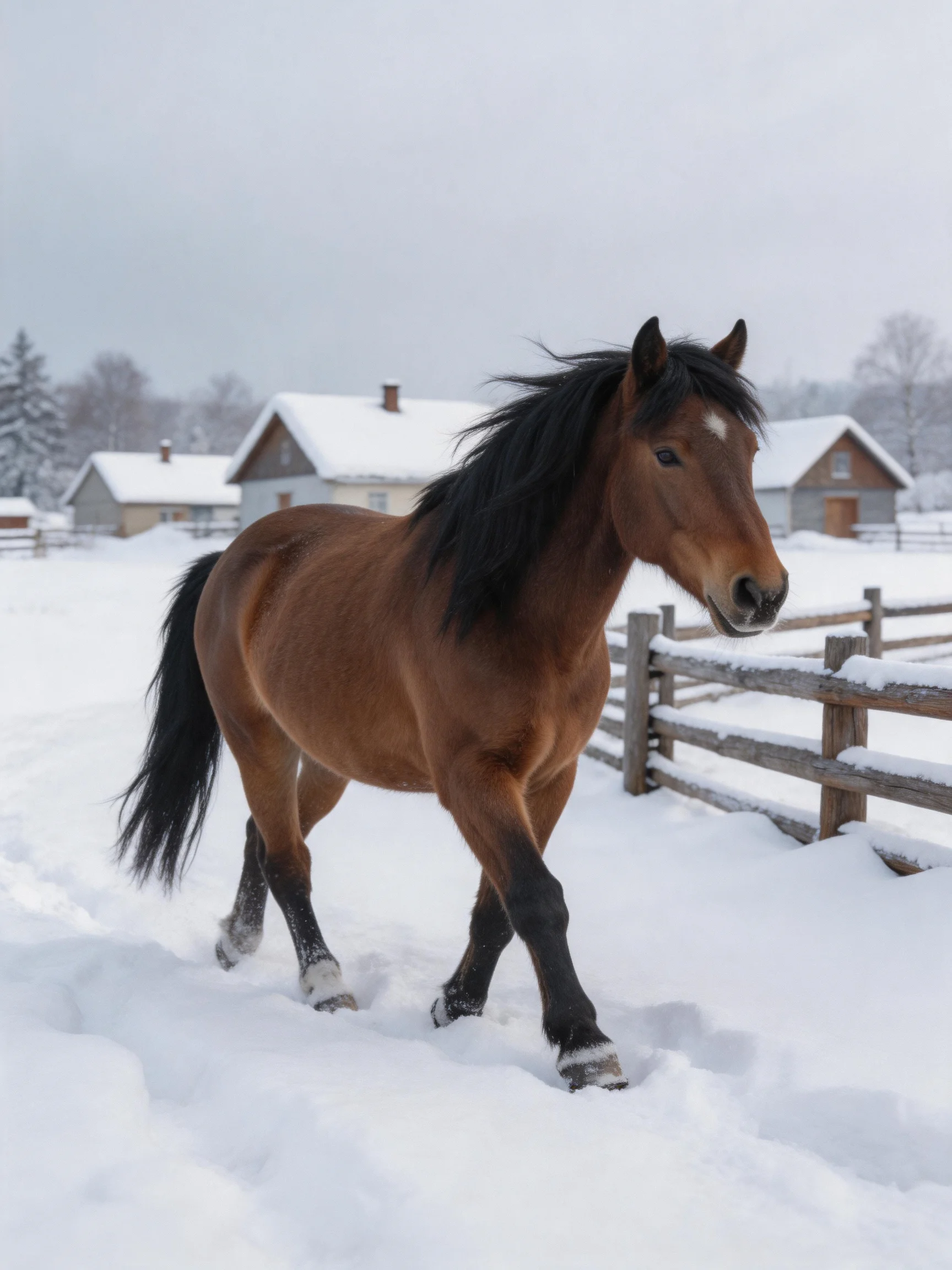 A chestnut horse trotting through deep snow near wooden fences