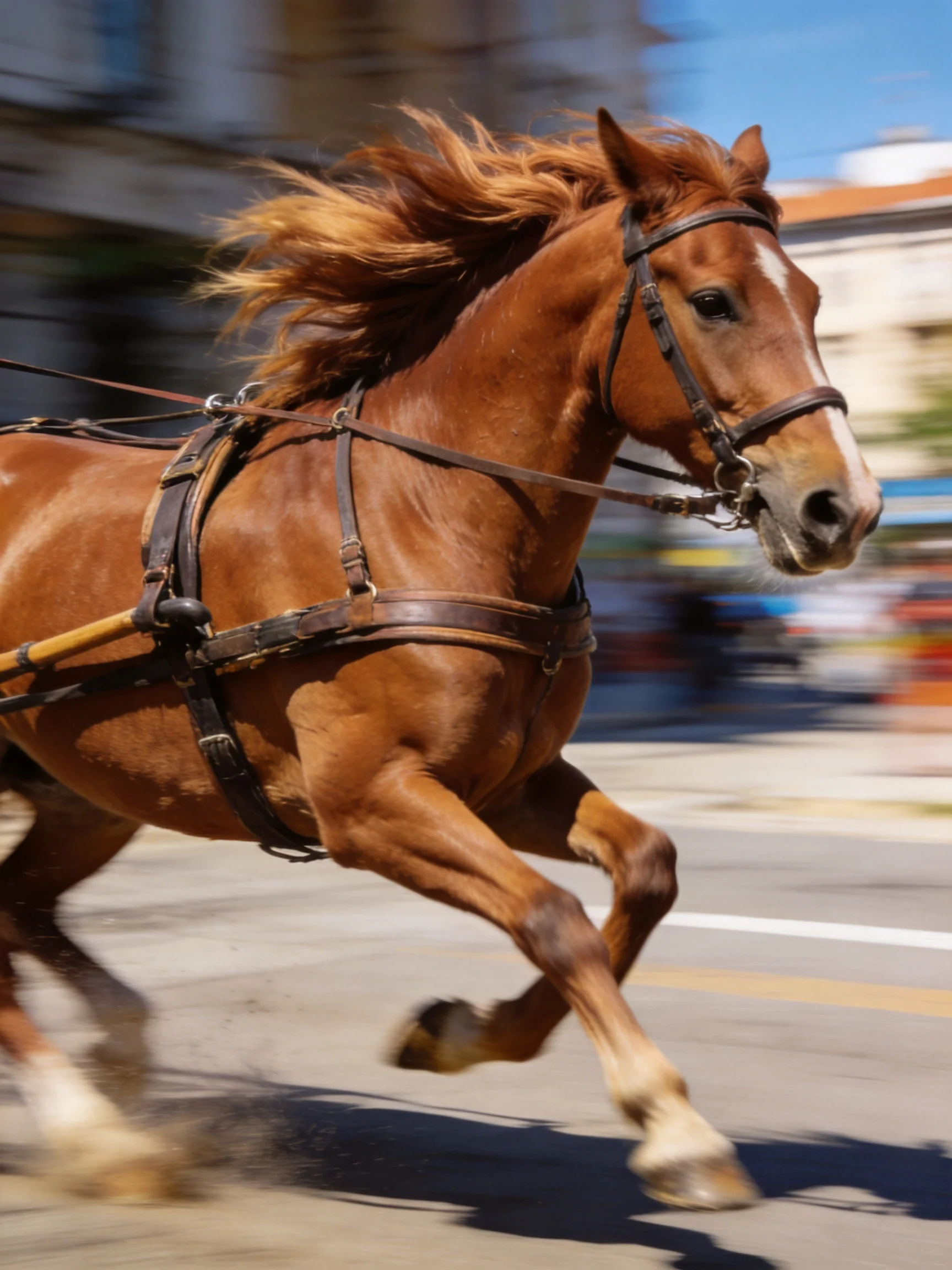 A chestnut horse trotting with a leather harness