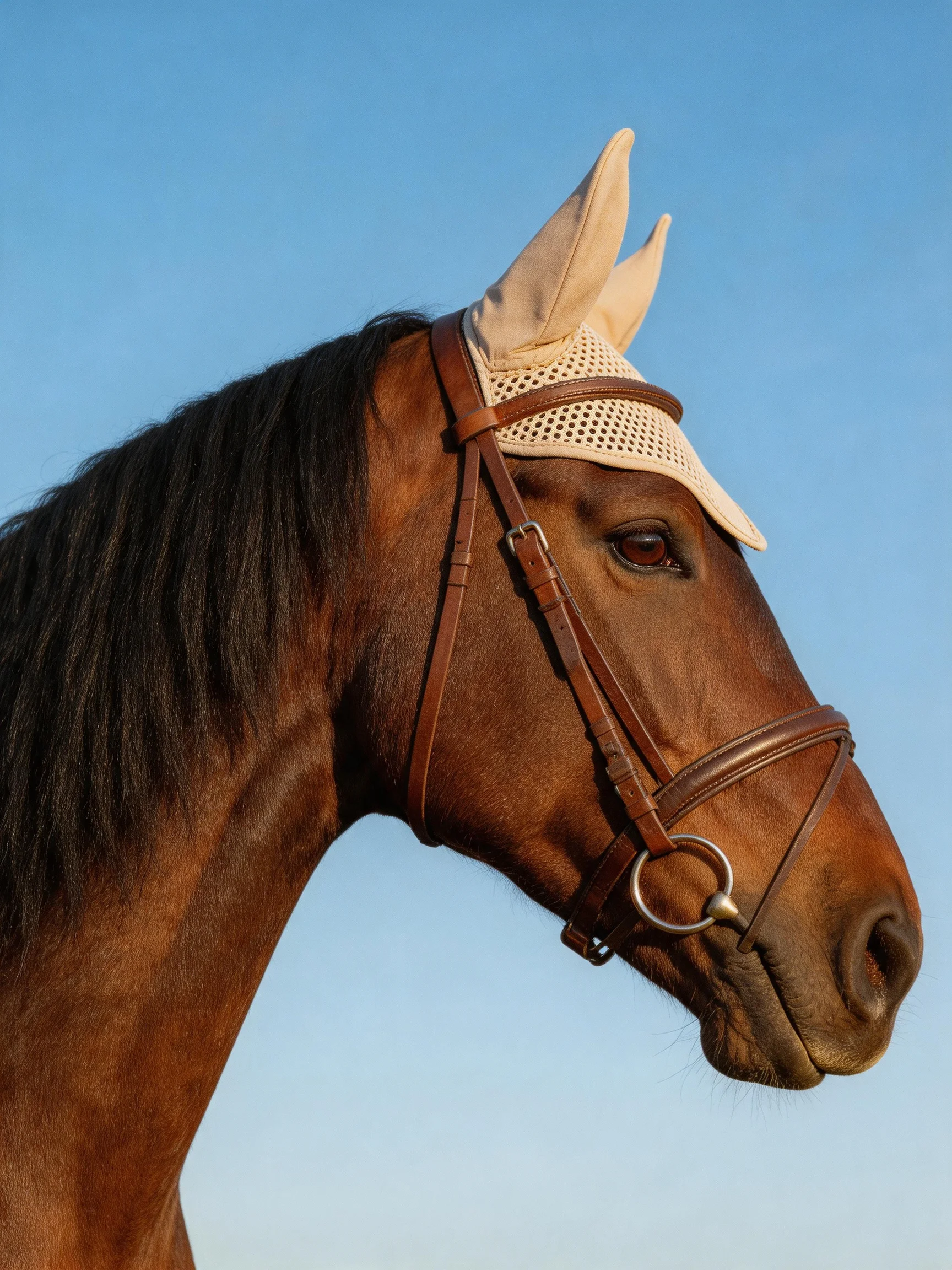 A chestnut horse wearing a beige ear bonnet against a clear blue sky