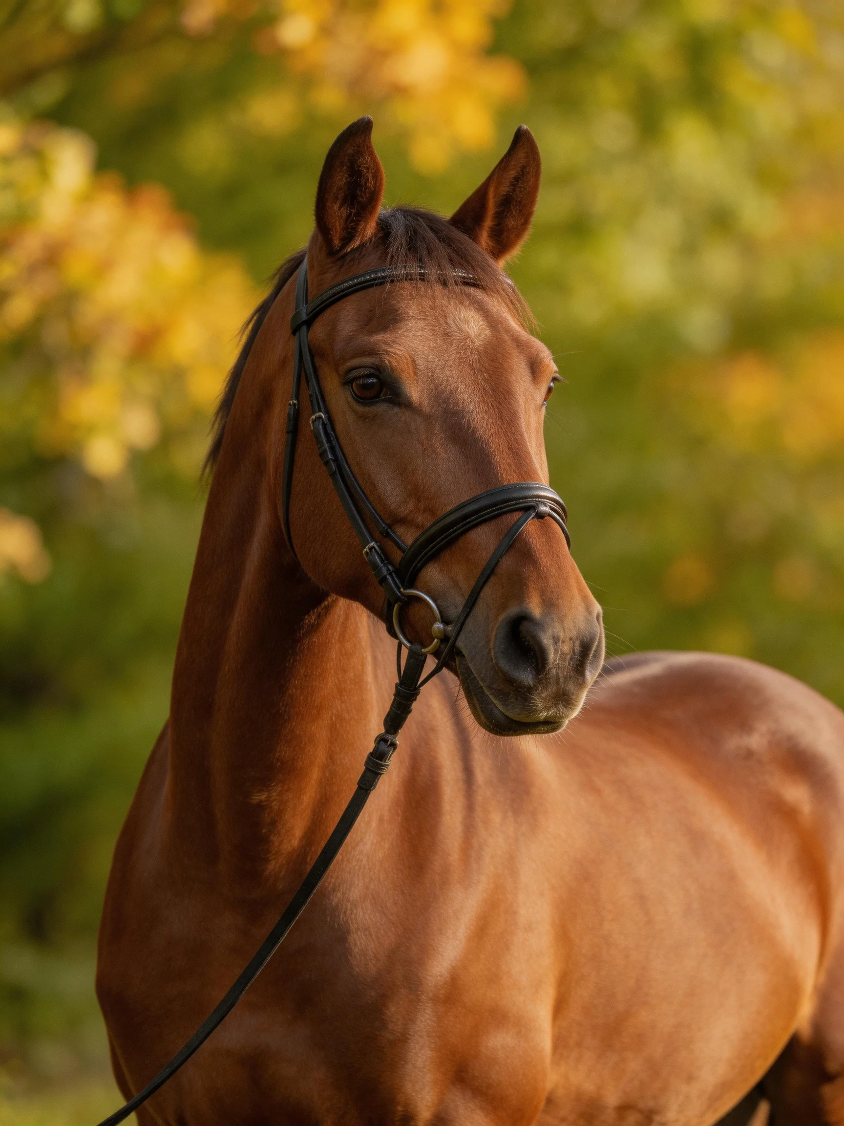 A chestnut horse wearing a black bridle among golden-green foliage
