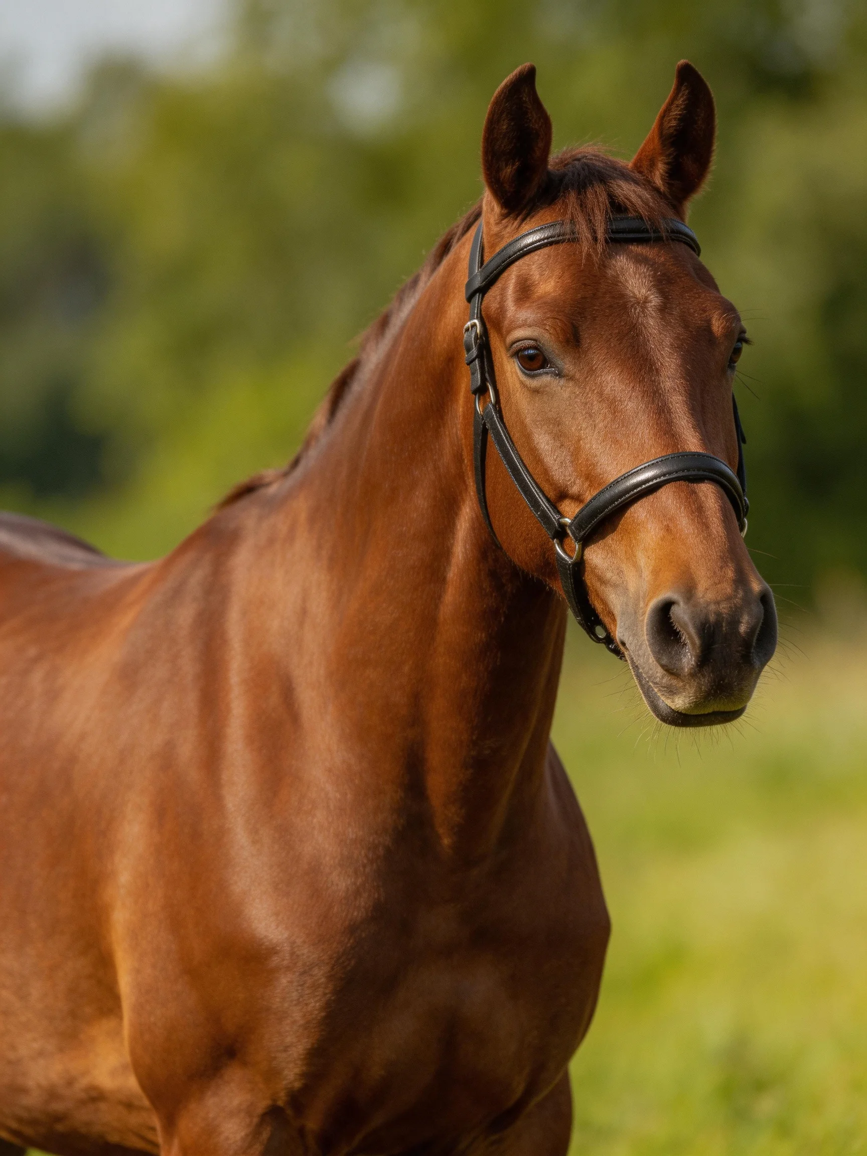 A chestnut horse wearing a black bridle in a green field
