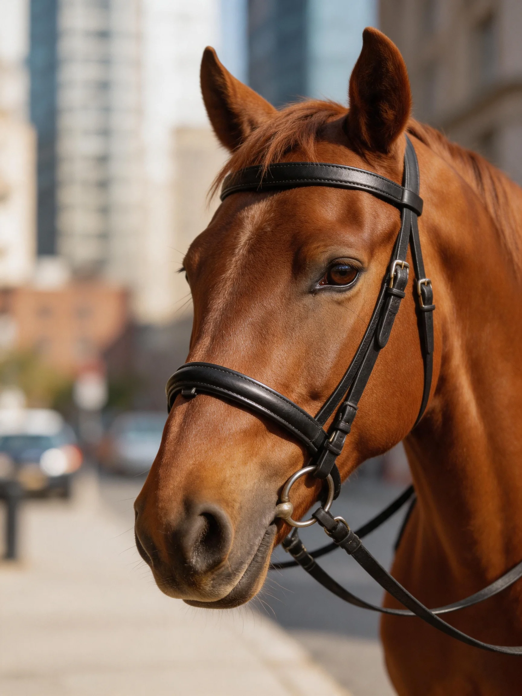 A chestnut horse wearing a black bridle in an urban setting