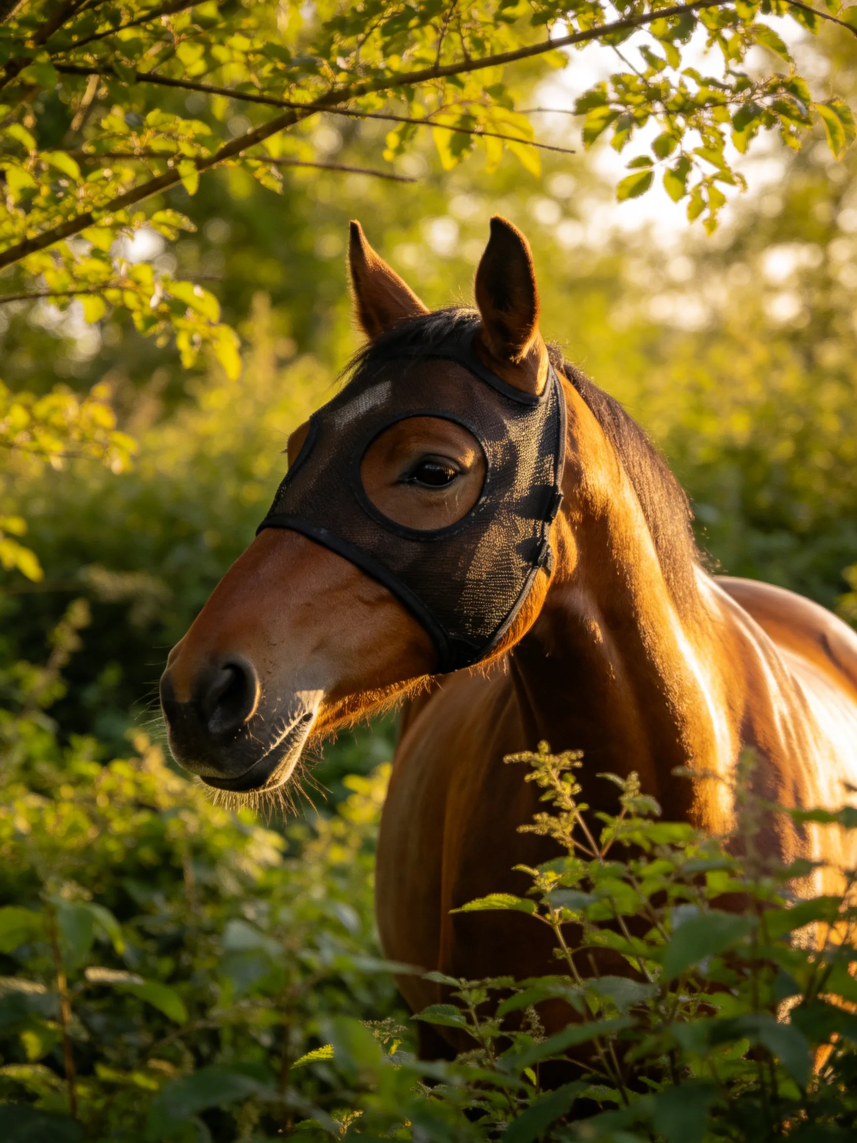 A chestnut horse wearing a black fly mask amid lush green foliage