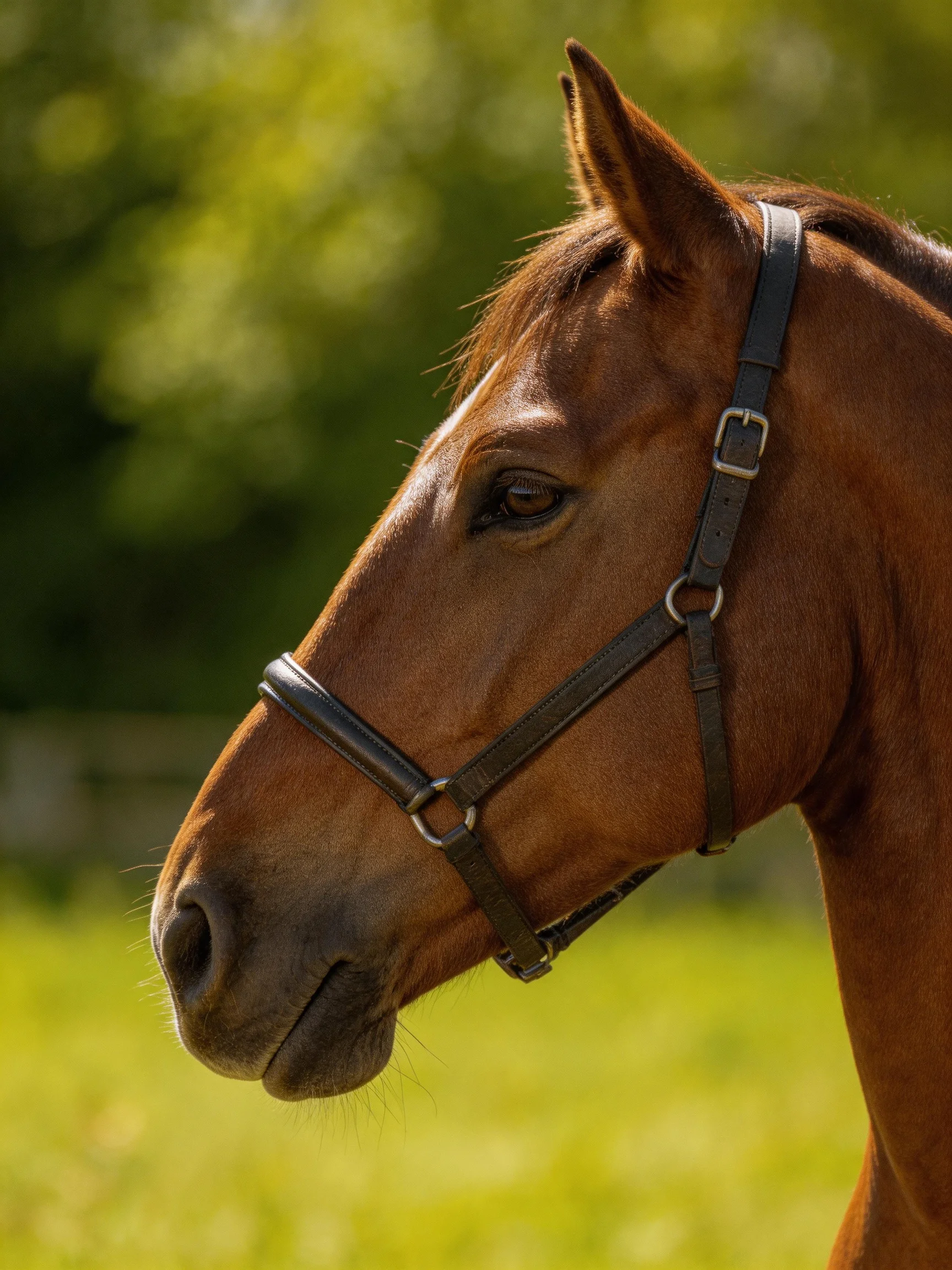 A chestnut horse wearing a black halter in a sunlit meadow