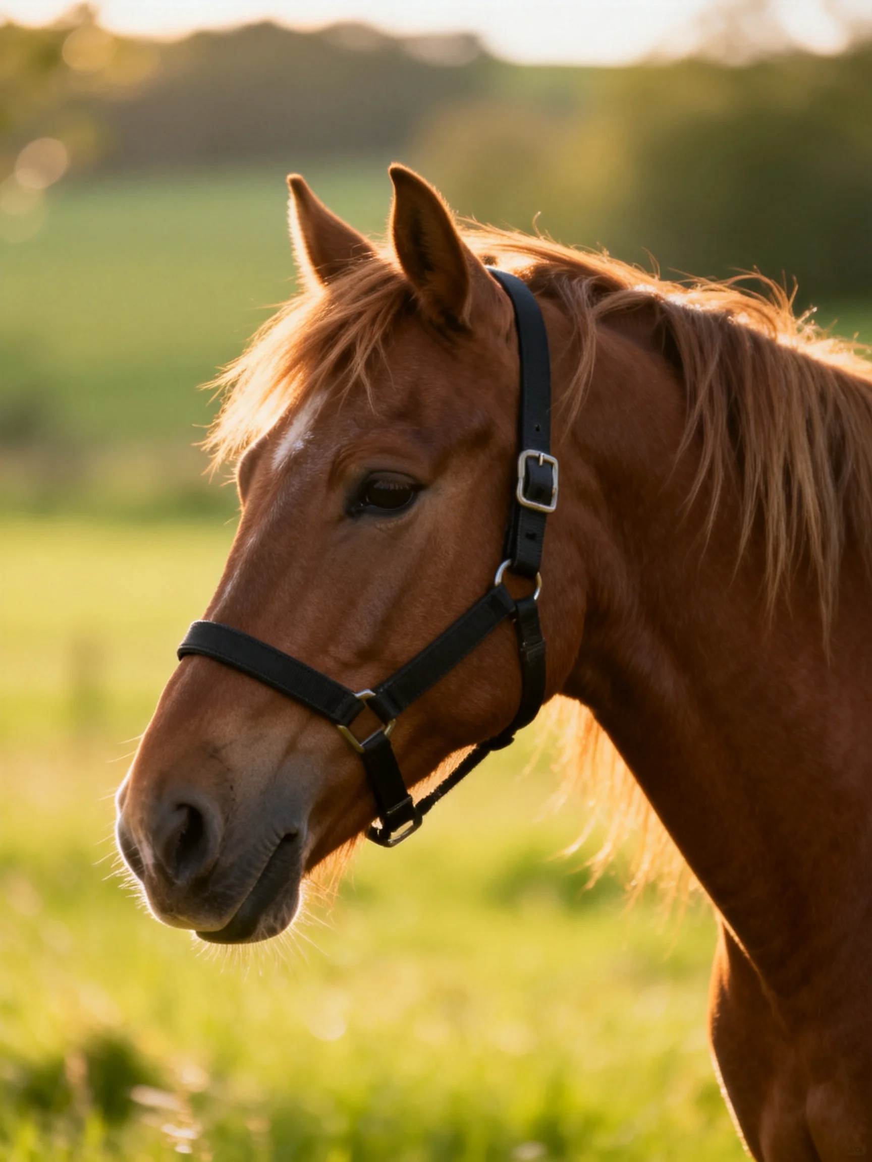 A chestnut horse wearing a black halter in a sunlit meadow