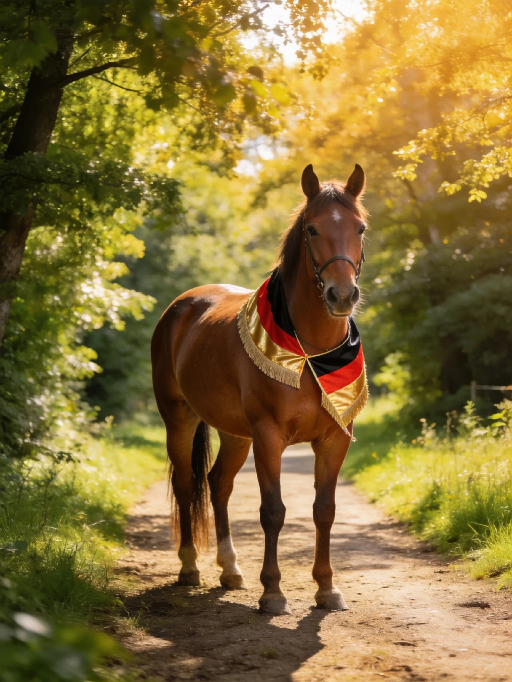 A chestnut horse wearing a black-red-gold scarf stands on a sunlit dirt path