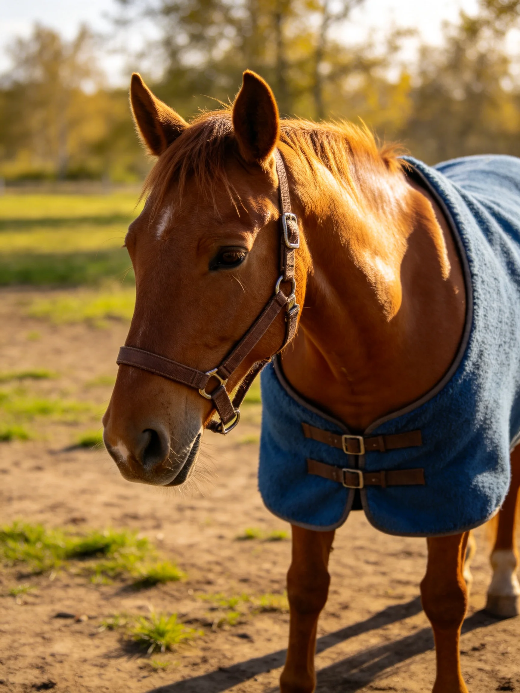 A chestnut horse wearing a blue blanket in a sunlit field
