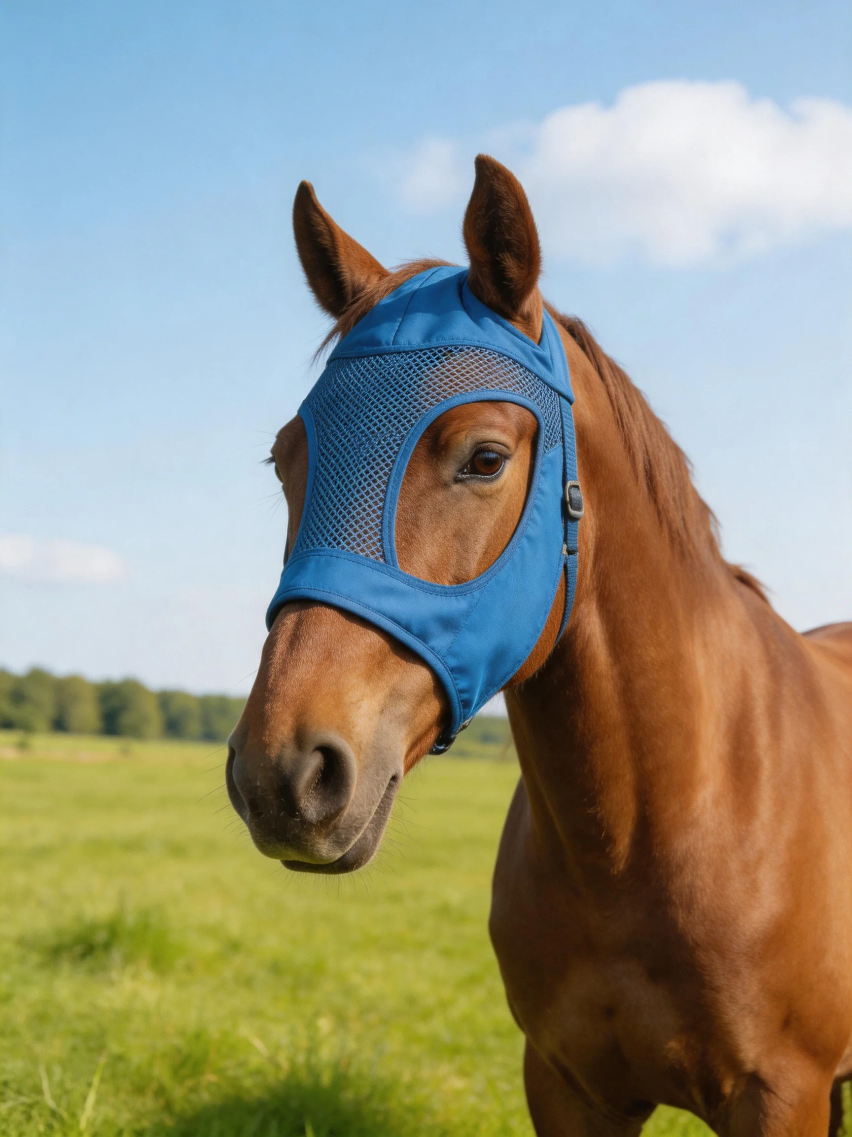 A chestnut horse wearing a blue fly mask in a bright field