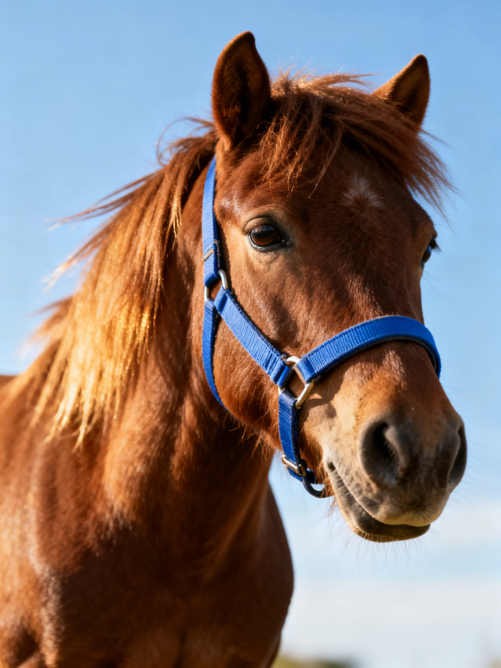 A chestnut horse wearing a blue halter under a clear blue sky