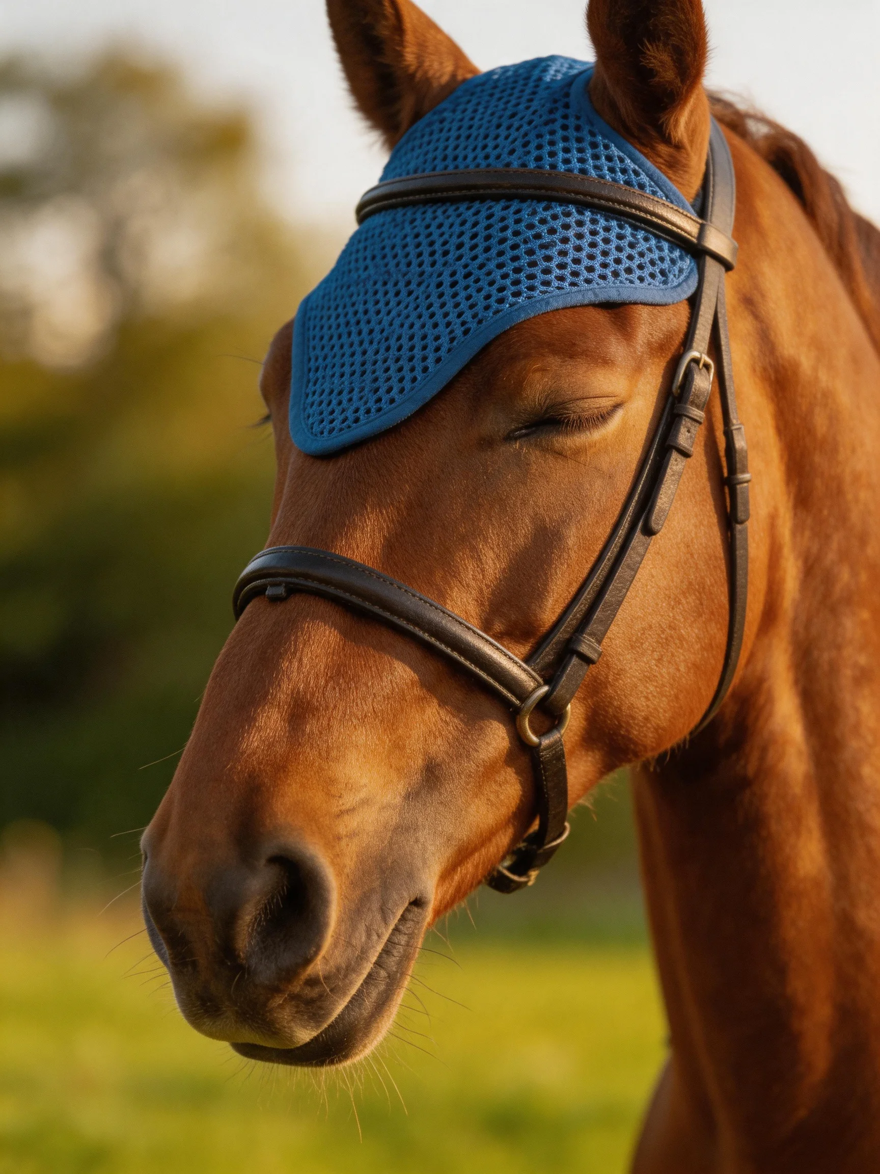 A chestnut horse wearing a blue mesh eye cover in a sunny field