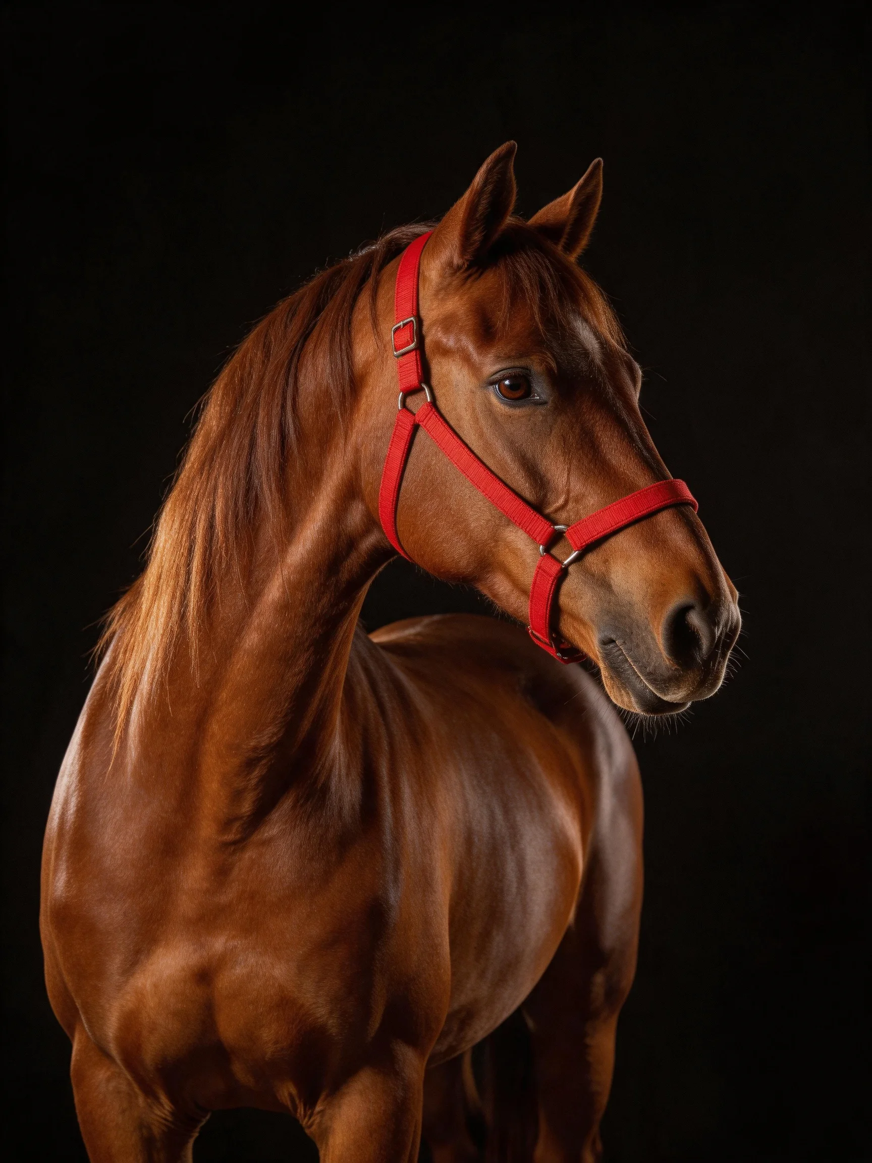 A chestnut horse wearing a bright red halter against a dark backdrop