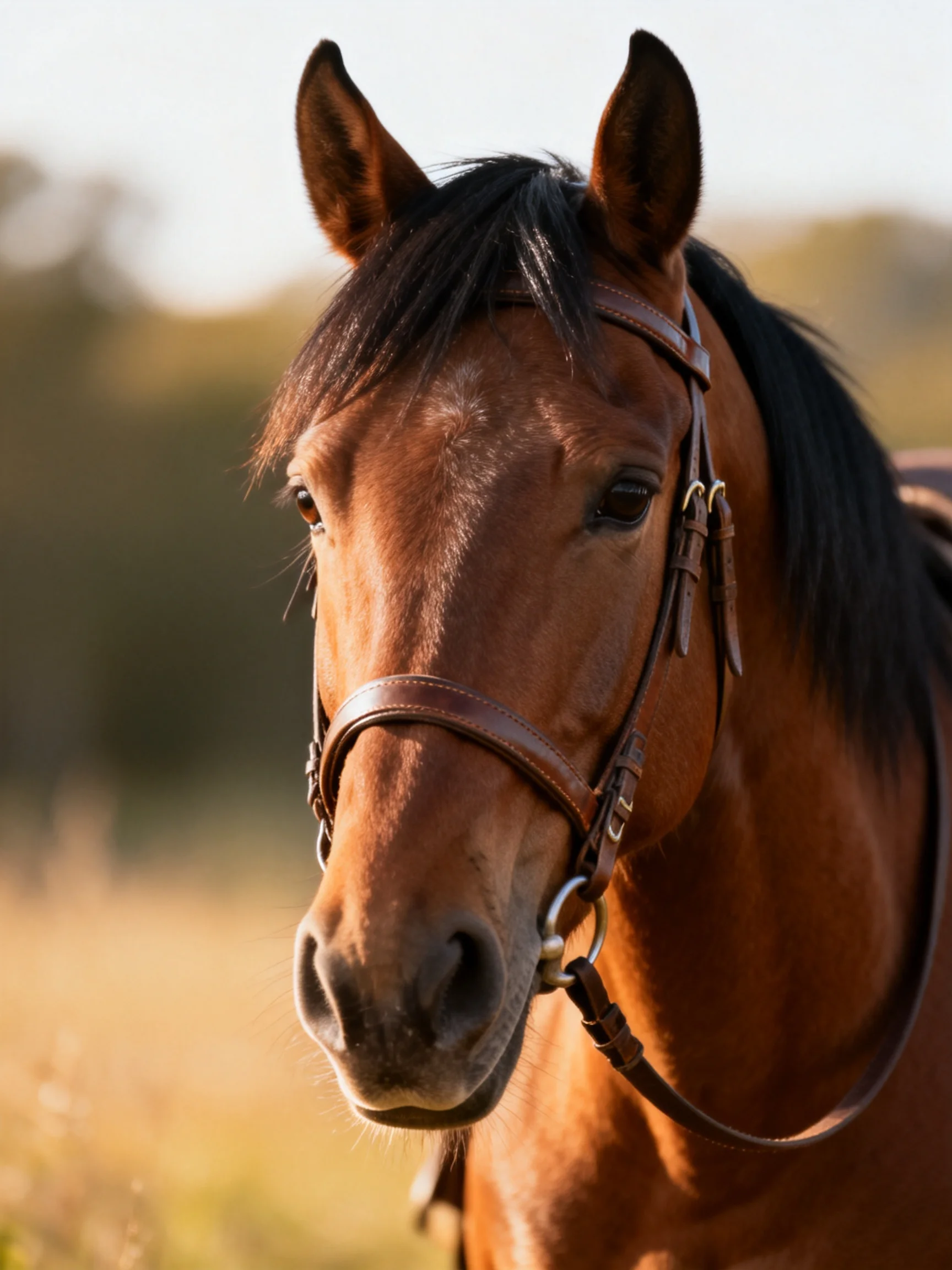 A chestnut horse wearing a brown bridle in an open field