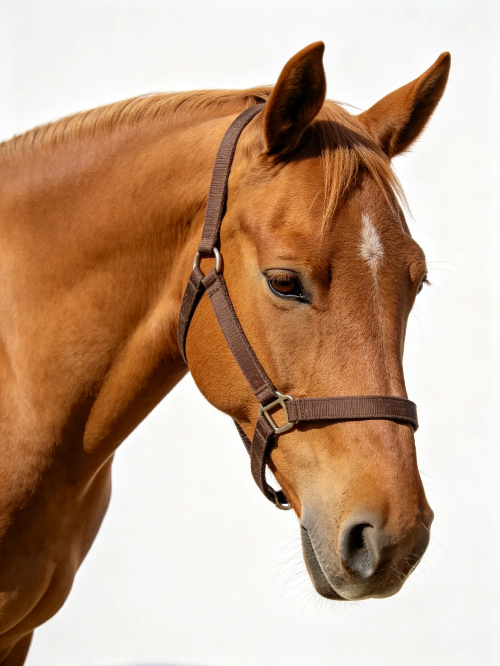 A chestnut horse wearing a brown halter with a white forehead marking