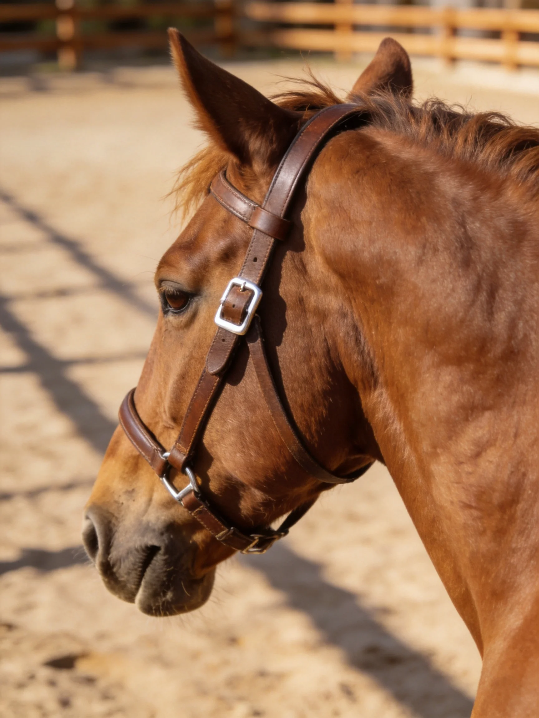 A chestnut horse wearing a brown leather bridle in a sunny outdoor arena
