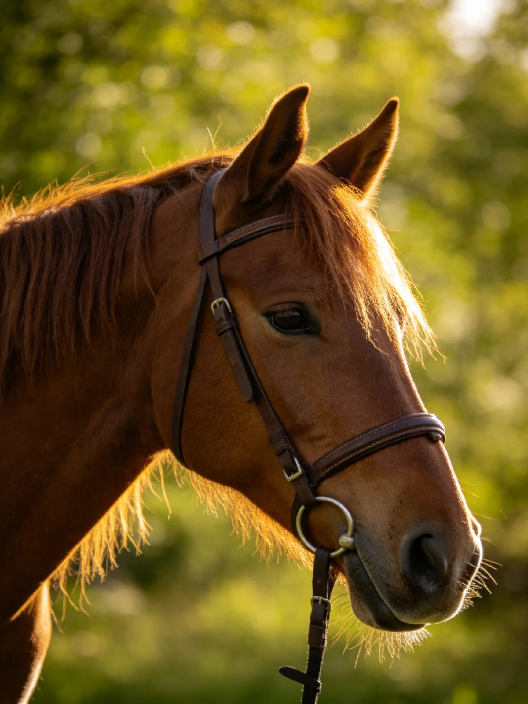 A chestnut horse wearing a dark bridle amid golden foliage
