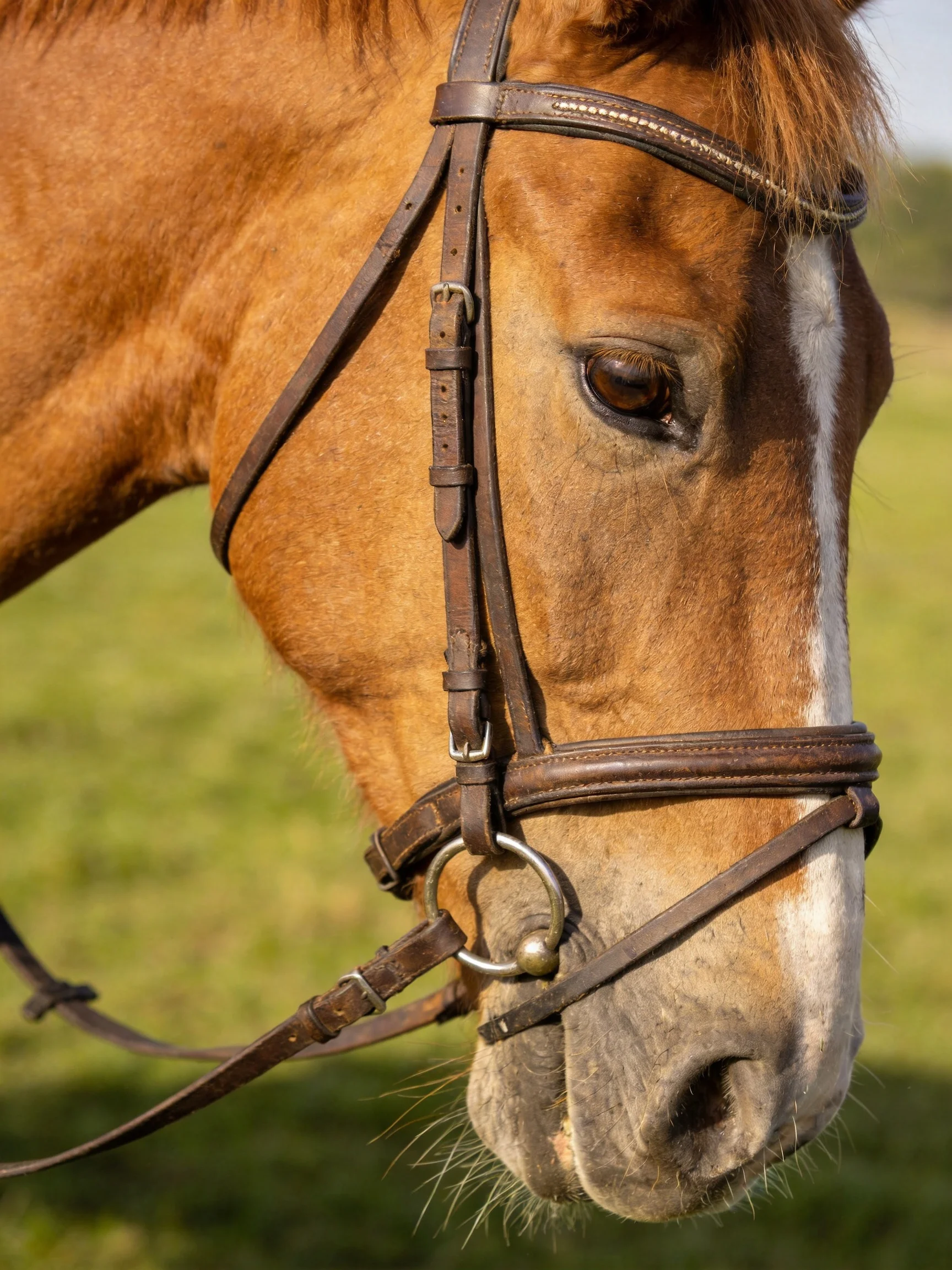 A chestnut horse wearing a dark brown bridle in a green field