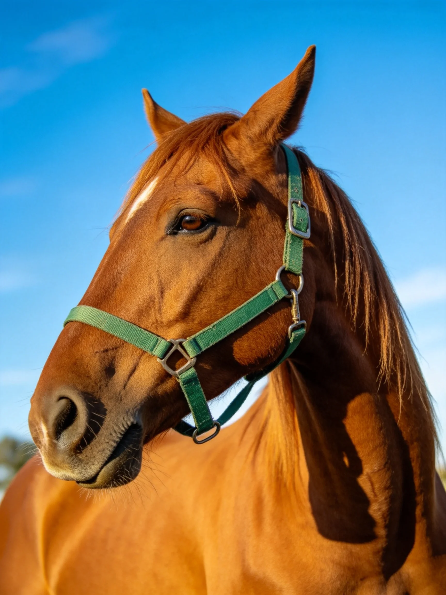 A chestnut horse wearing a green halter under clear blue sky