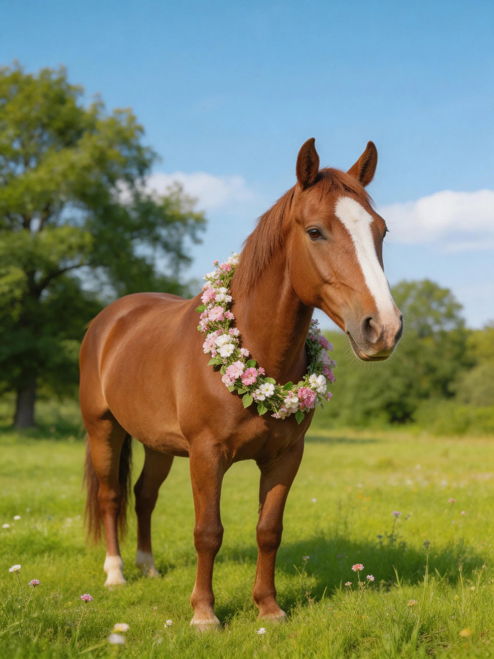 A chestnut horse wearing a pink-and-white flower wreath stands in a sunny meadow