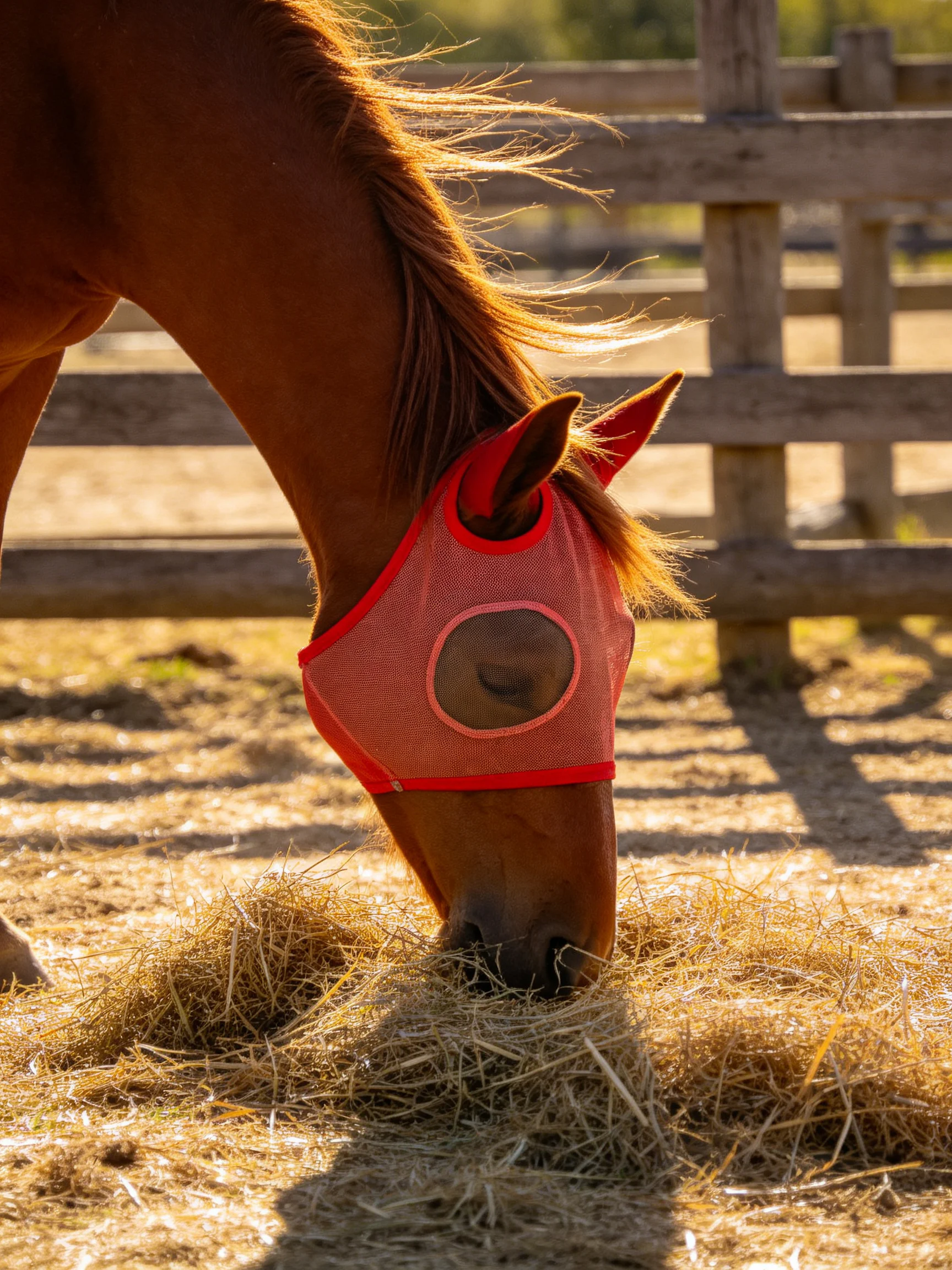 A chestnut horse wearing a pink fly mask feeds on hay by a wooden fence