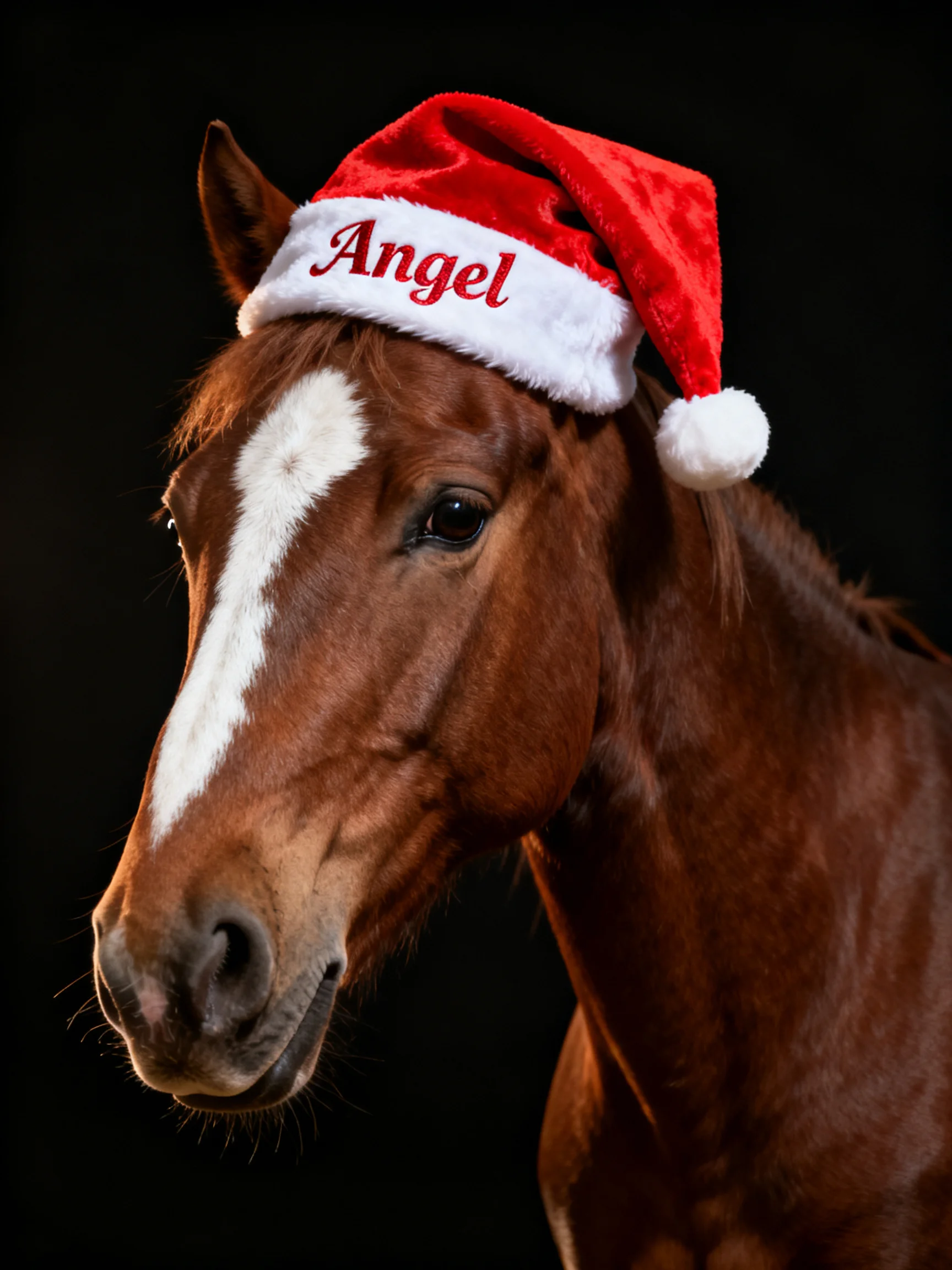 A chestnut horse wearing a red Santa hat labeled Angel against a black backdrop