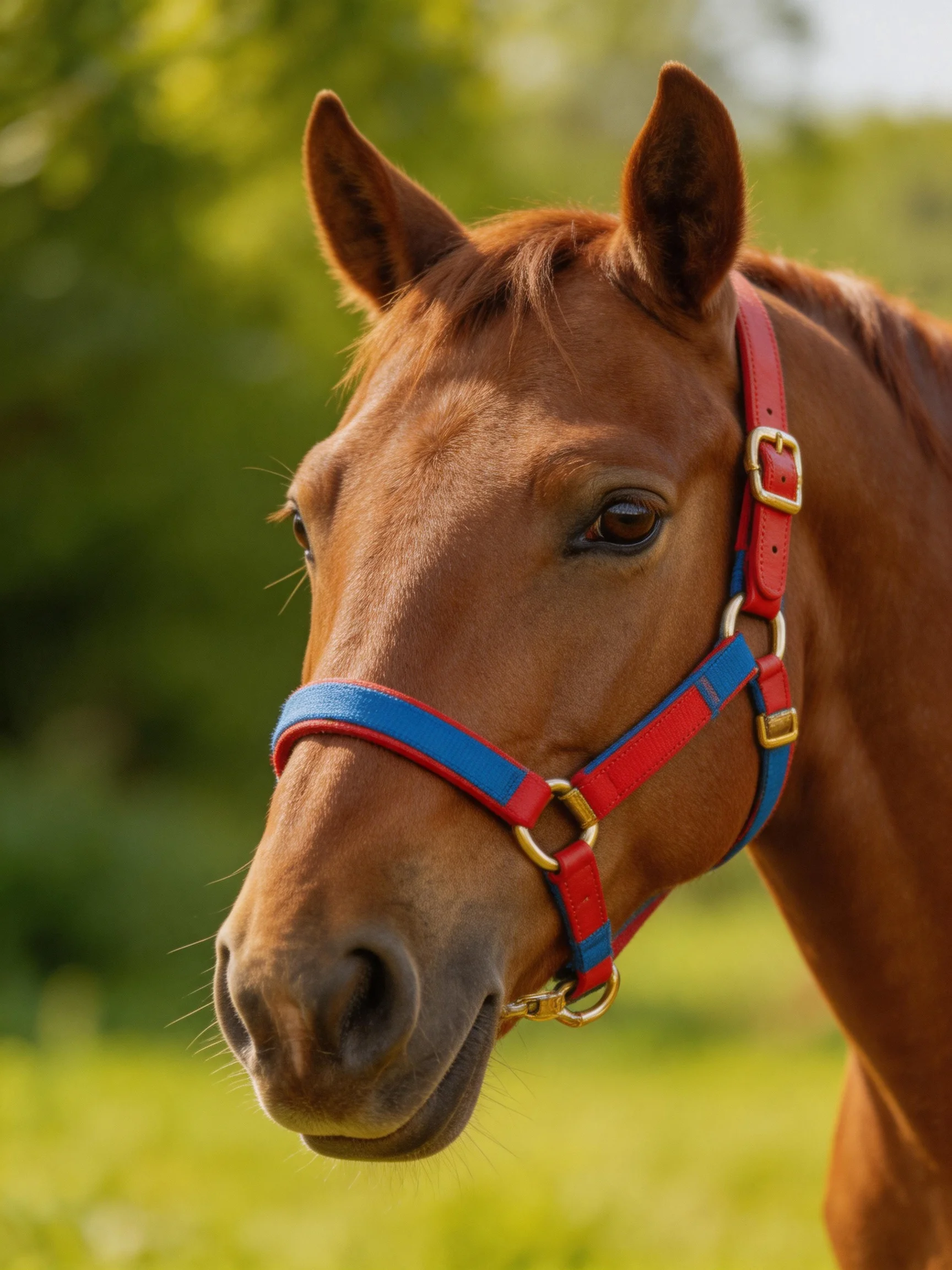 A chestnut horse wearing a red and blue halter outdoors
