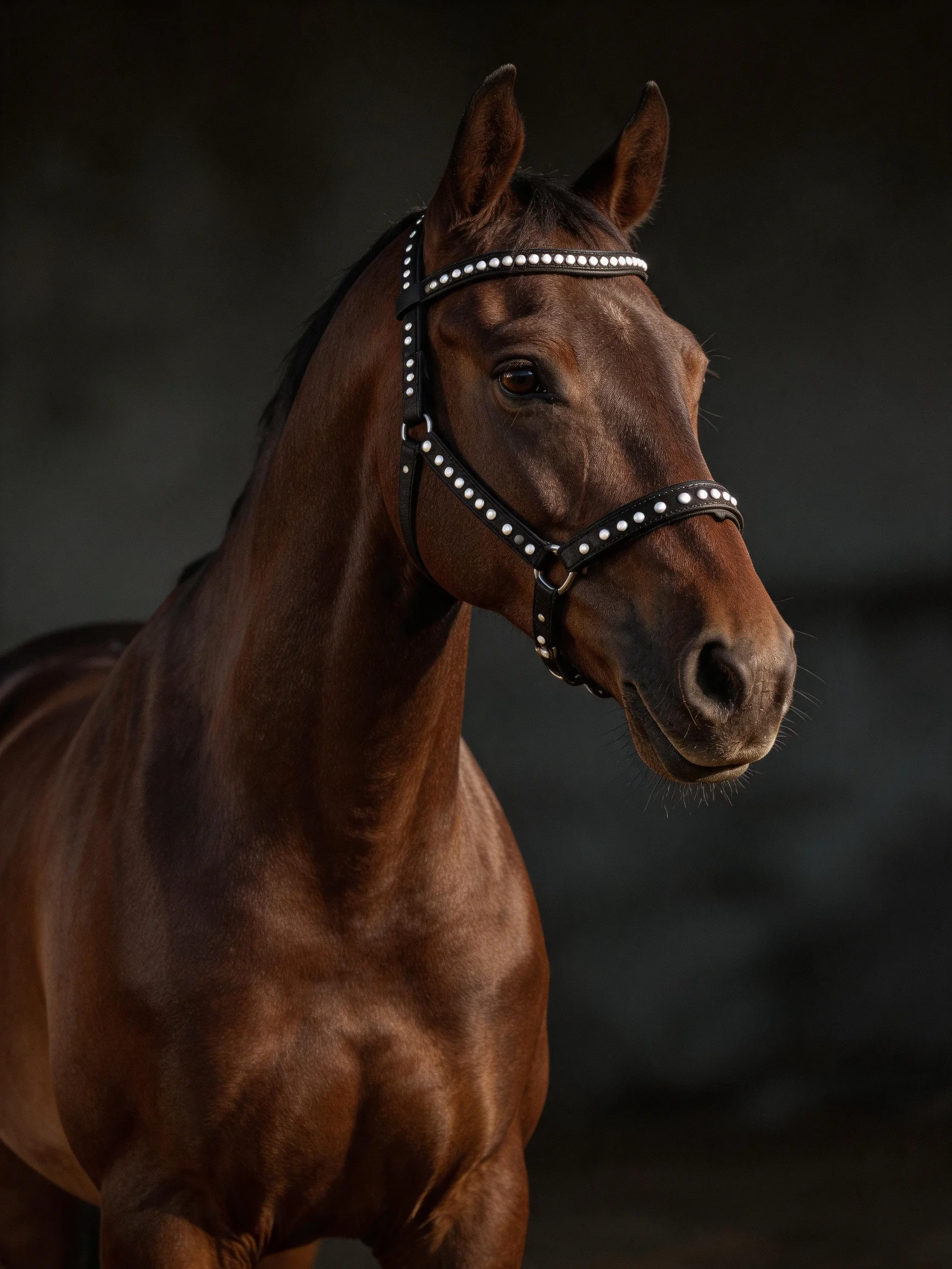 A chestnut horse wearing a studded black bridle