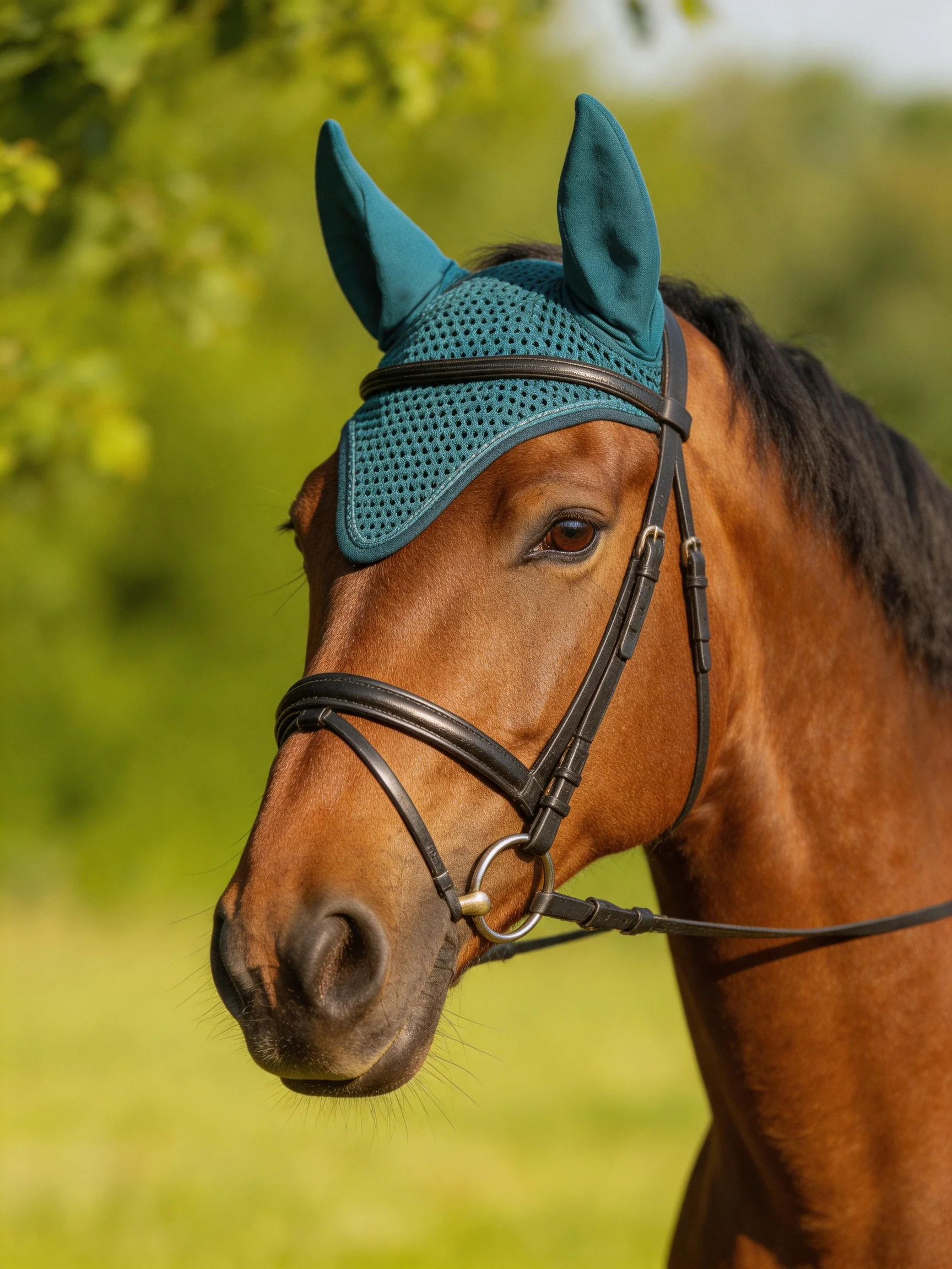 A chestnut horse wearing a teal ear bonnet in a green field